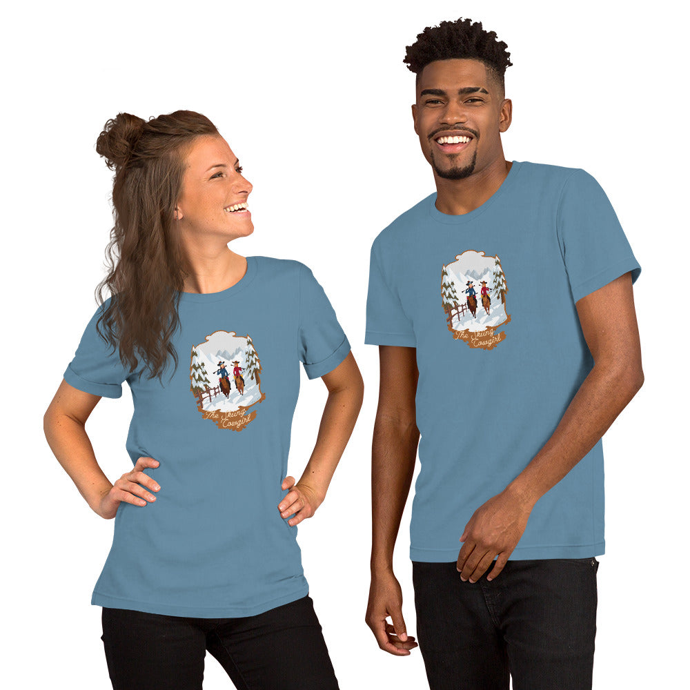 T-shirt en coton unisexe The Skiing Cowgirl sur couleurs foncées