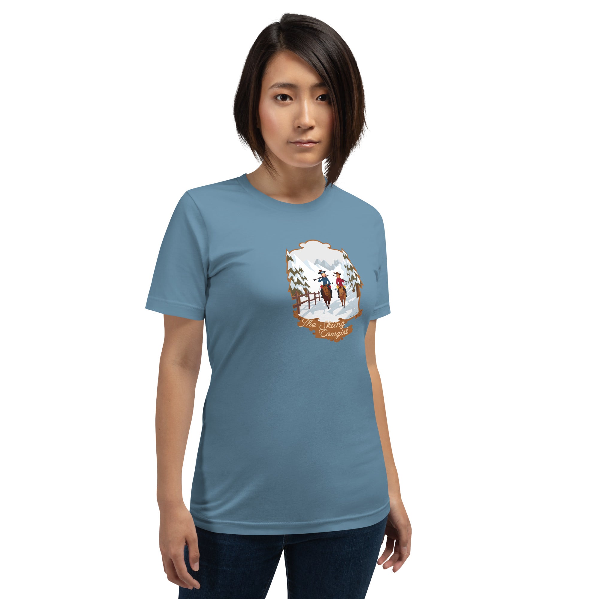 T-shirt en coton unisexe The Skiing Cowgirl sur couleurs foncées