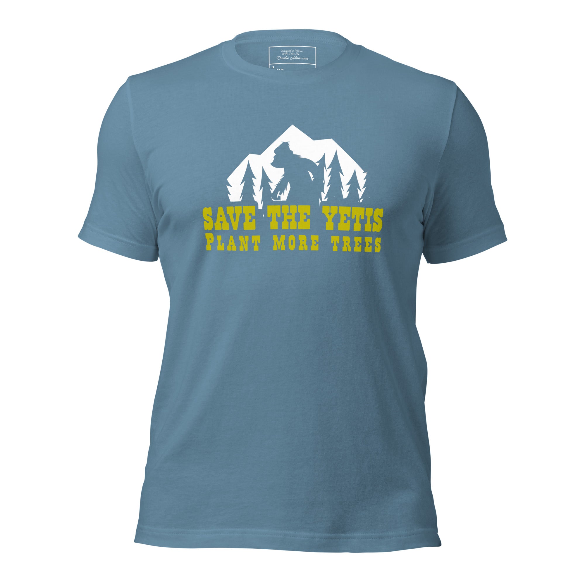 T-shirt en coton unisexe Save the Yetis Plant more Trees sur couleurs foncées