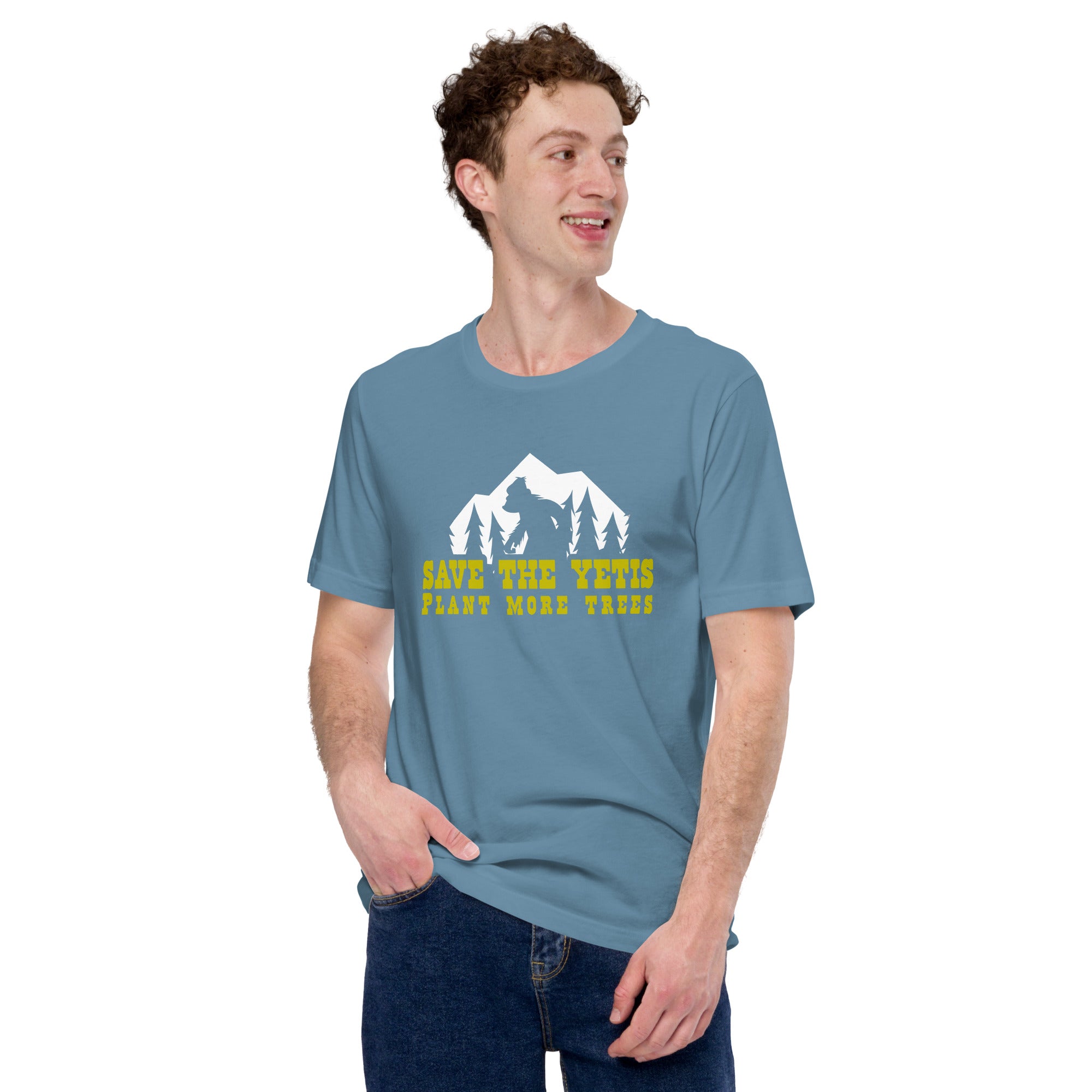 T-shirt en coton unisexe Save the Yetis Plant more Trees sur couleurs foncées