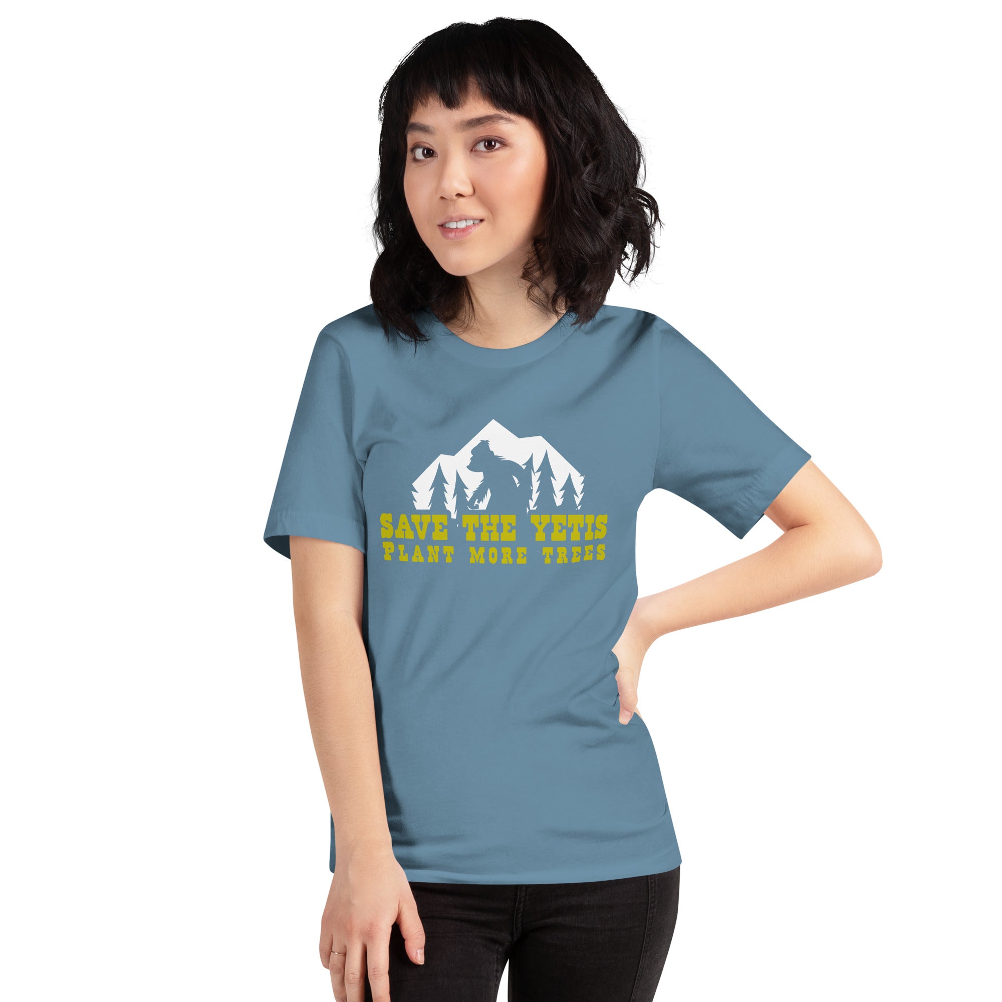 T-shirt en coton unisexe Save the Yetis Plant more Trees sur couleurs foncées