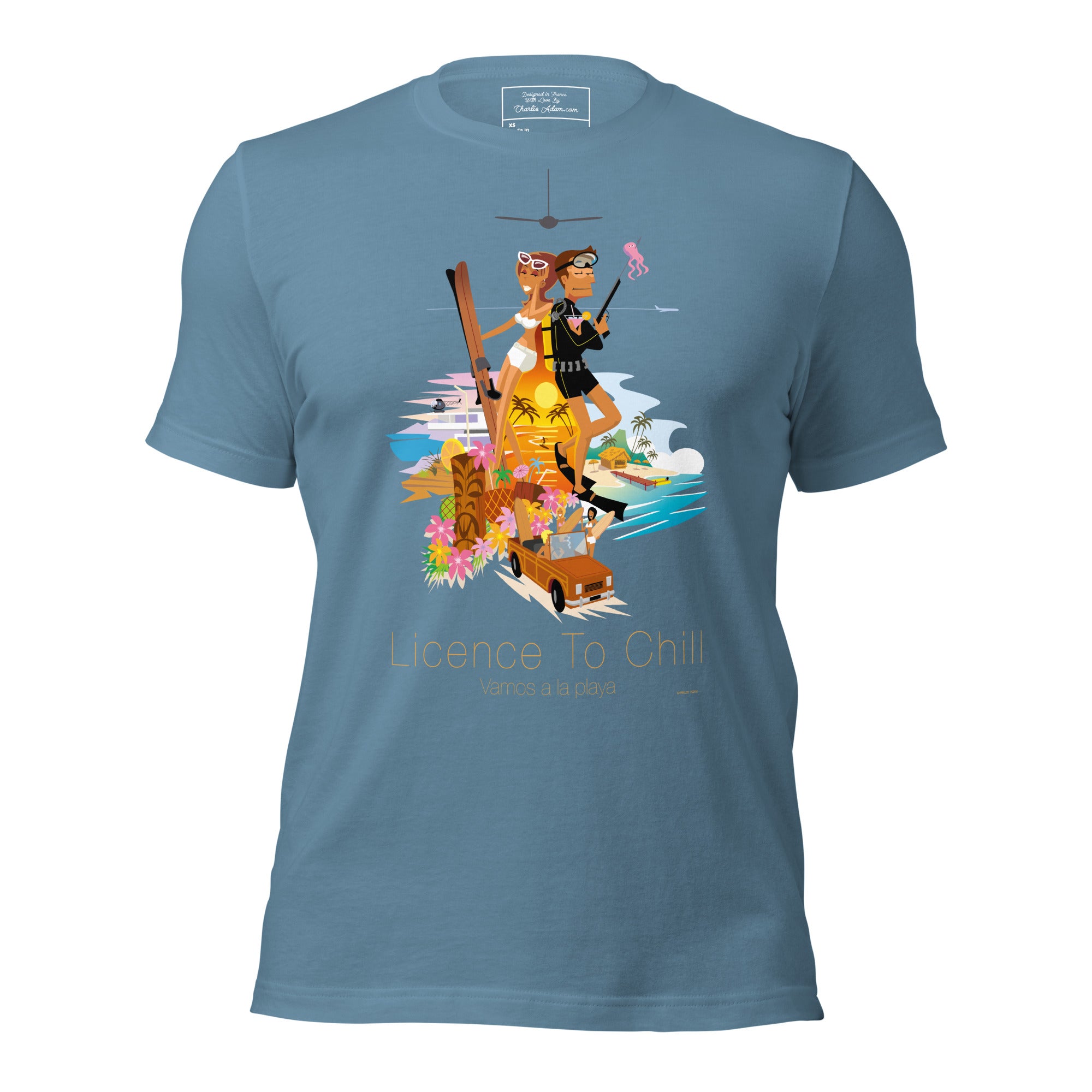 Unisex cotton t-shirt License to Chill Vamos a la Playa on dark colors