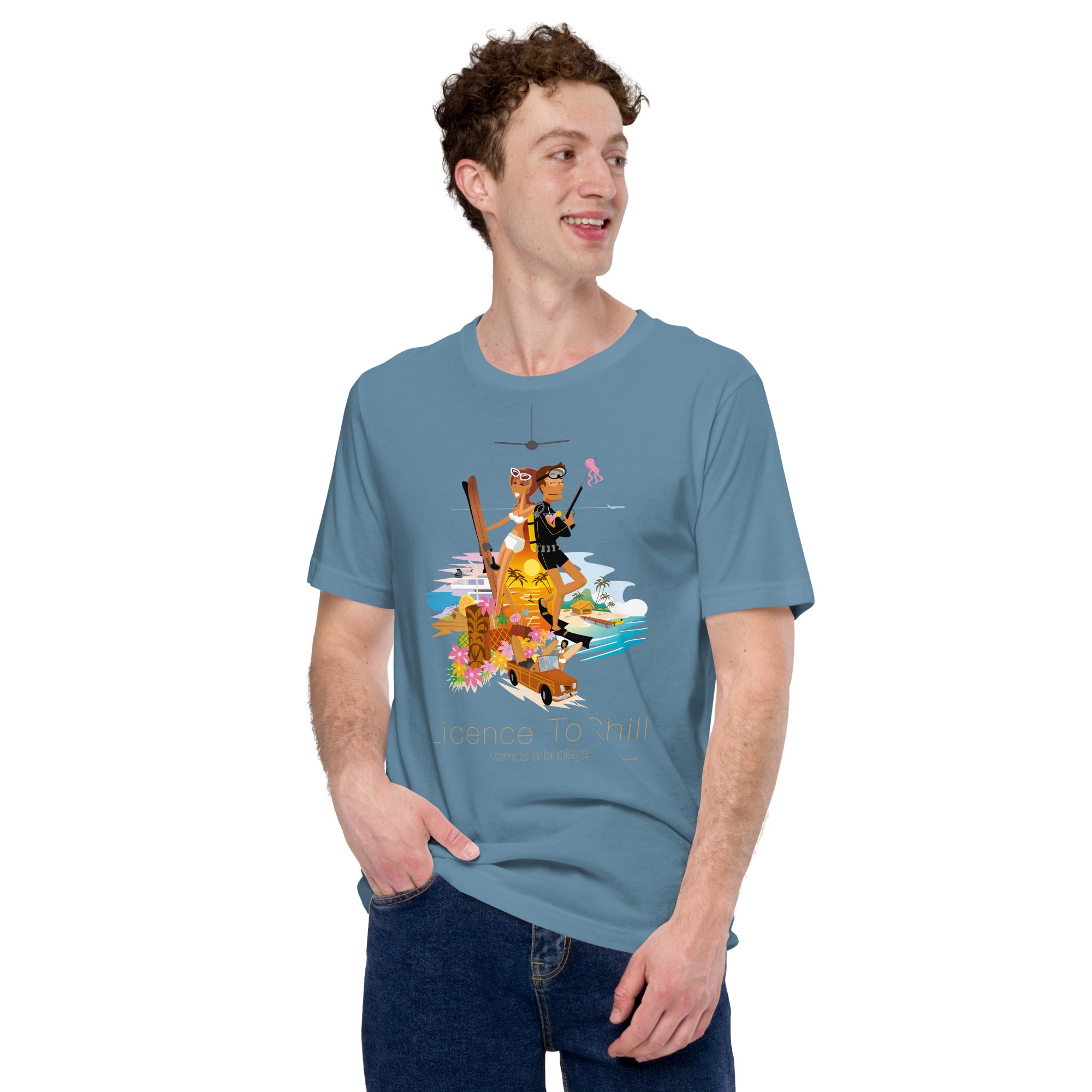 Unisex cotton t-shirt License to Chill Vamos a la Playa on dark colors