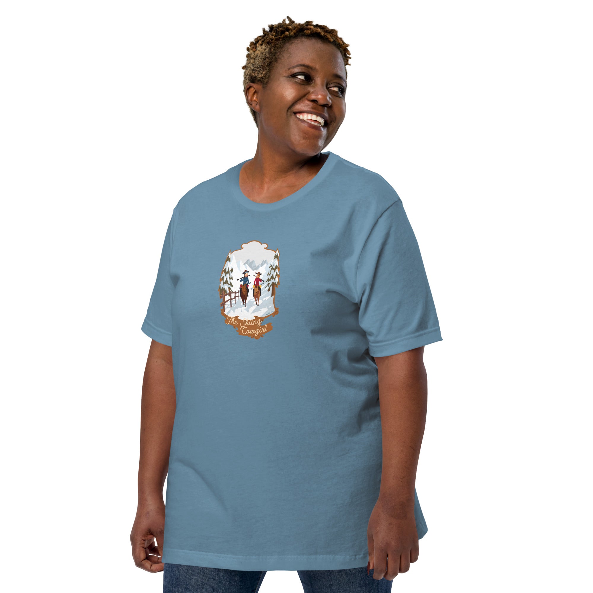 T-shirt en coton unisexe The Skiing Cowgirl sur couleurs foncées