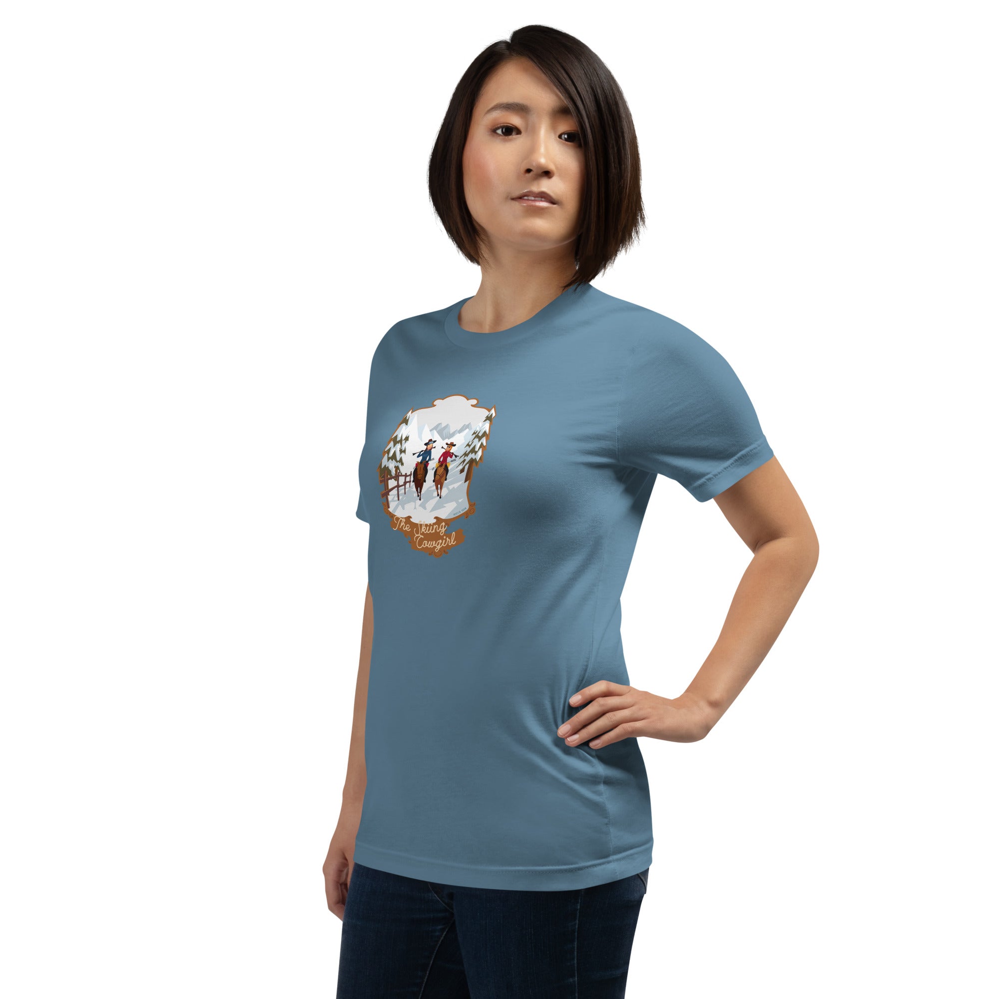 T-shirt en coton unisexe The Skiing Cowgirl sur couleurs foncées