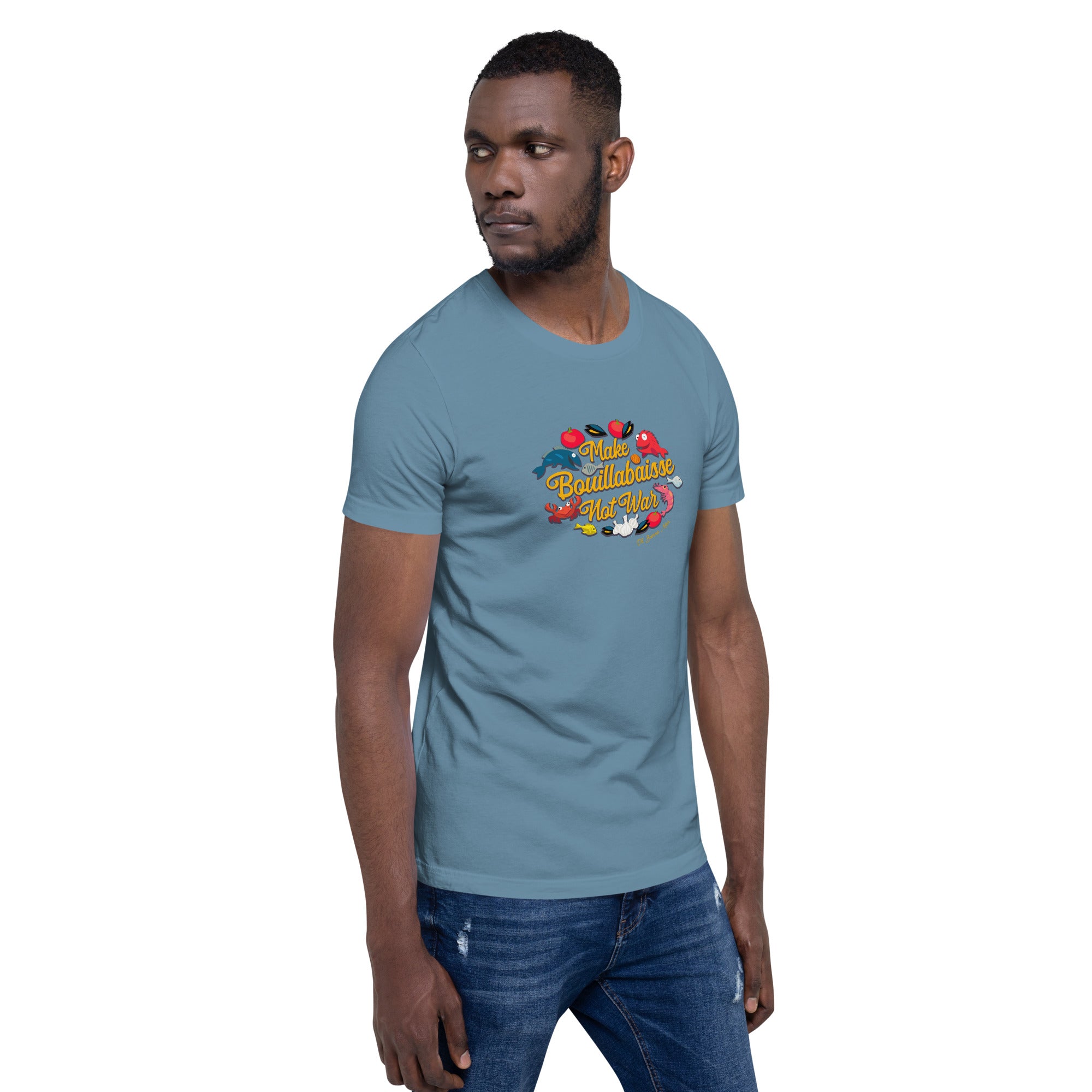 T-shirt en coton unisexe Make Bouillabaisse Not War sur couleurs foncées