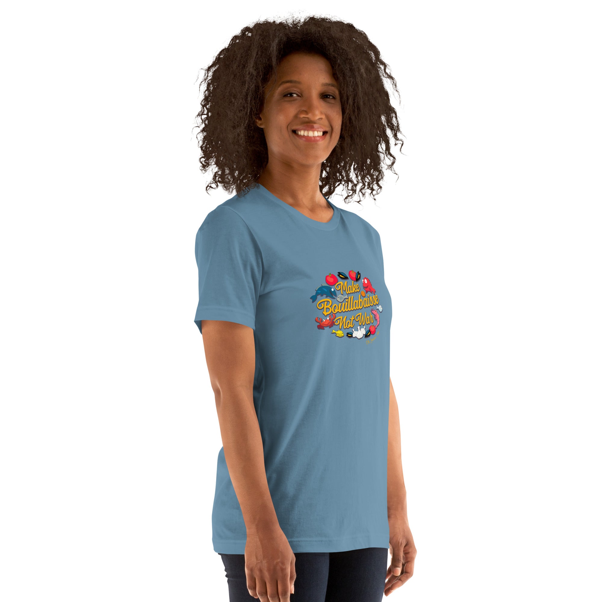 T-shirt en coton unisexe Make Bouillabaisse Not War sur couleurs foncées