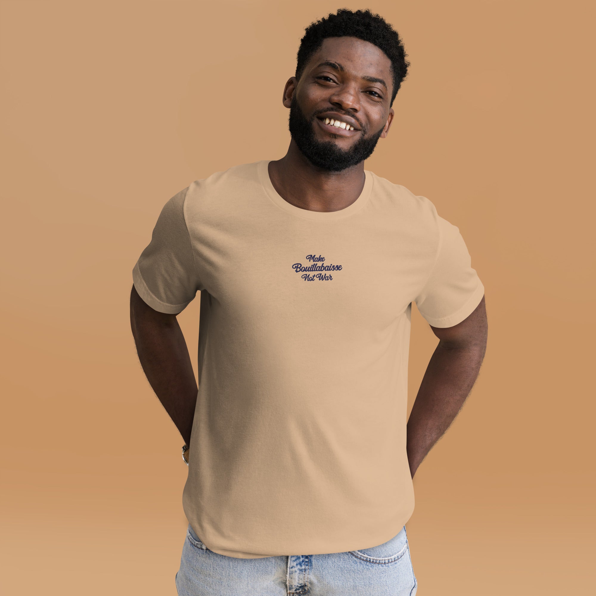 Unisex t-shirt Make Bouillabaisse Not War Text Only navy on bright colors