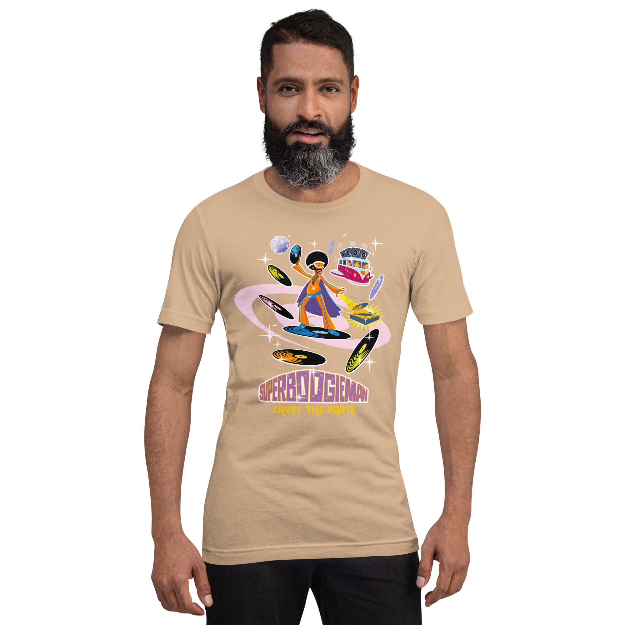 Unisex cotton t-shirt Superboogieman saves the Party on bright colors