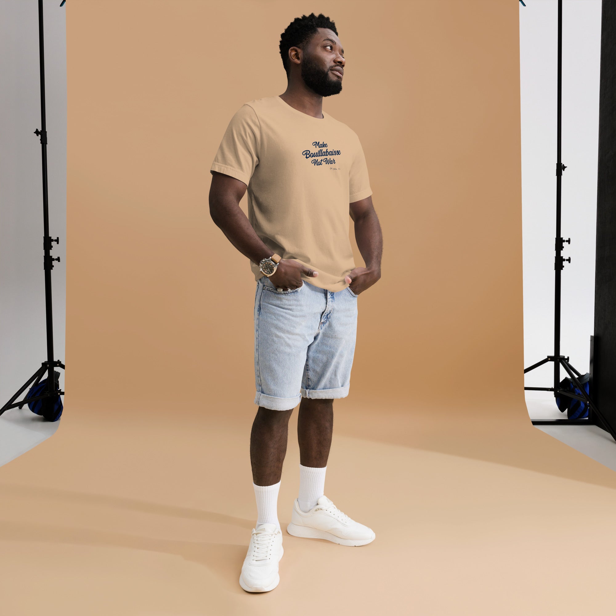 Unisex t-shirt Make Bouillabaisse Not War Text Only navy on bright colors