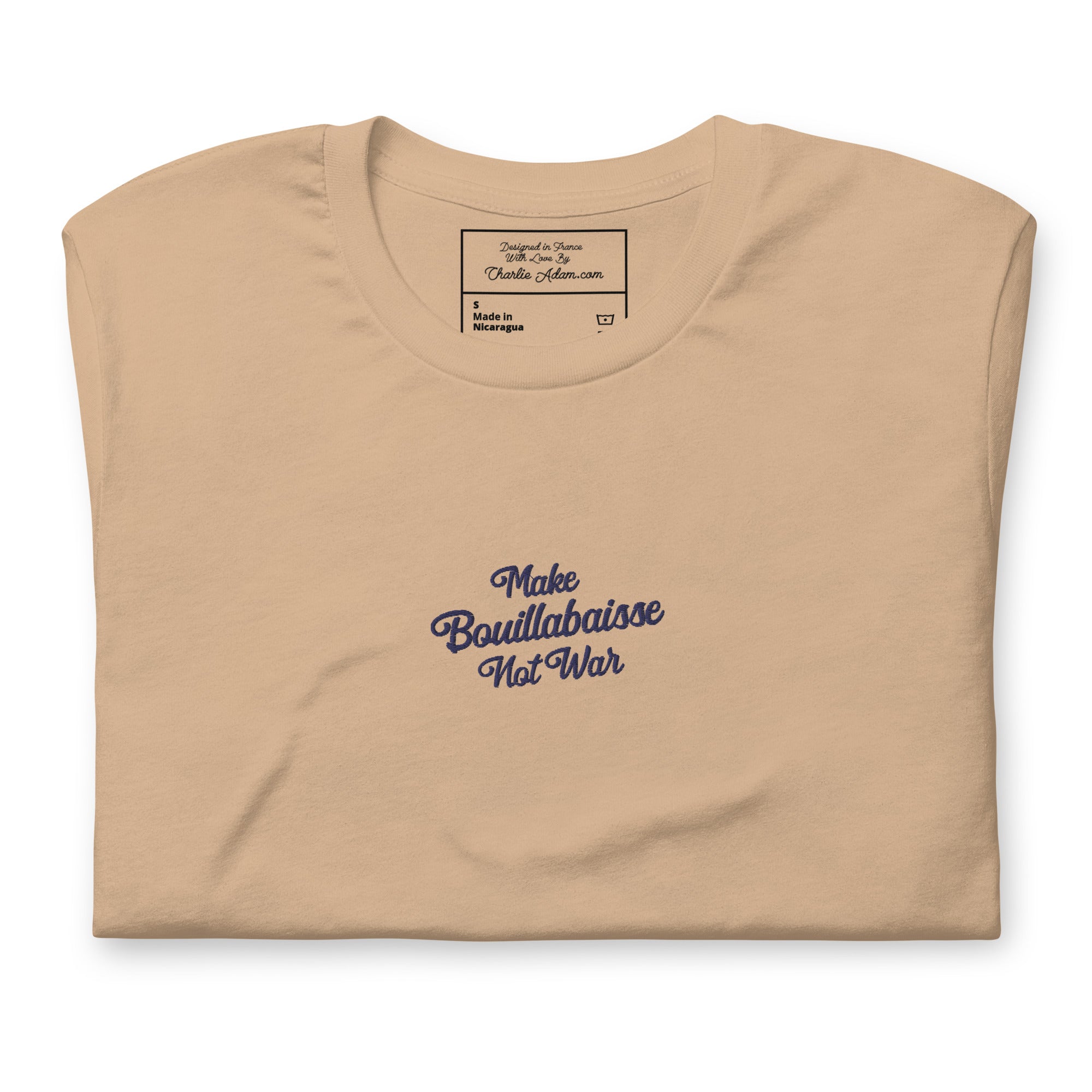 Unisex t-shirt Make Bouillabaisse Not War Text Only navy on bright colors