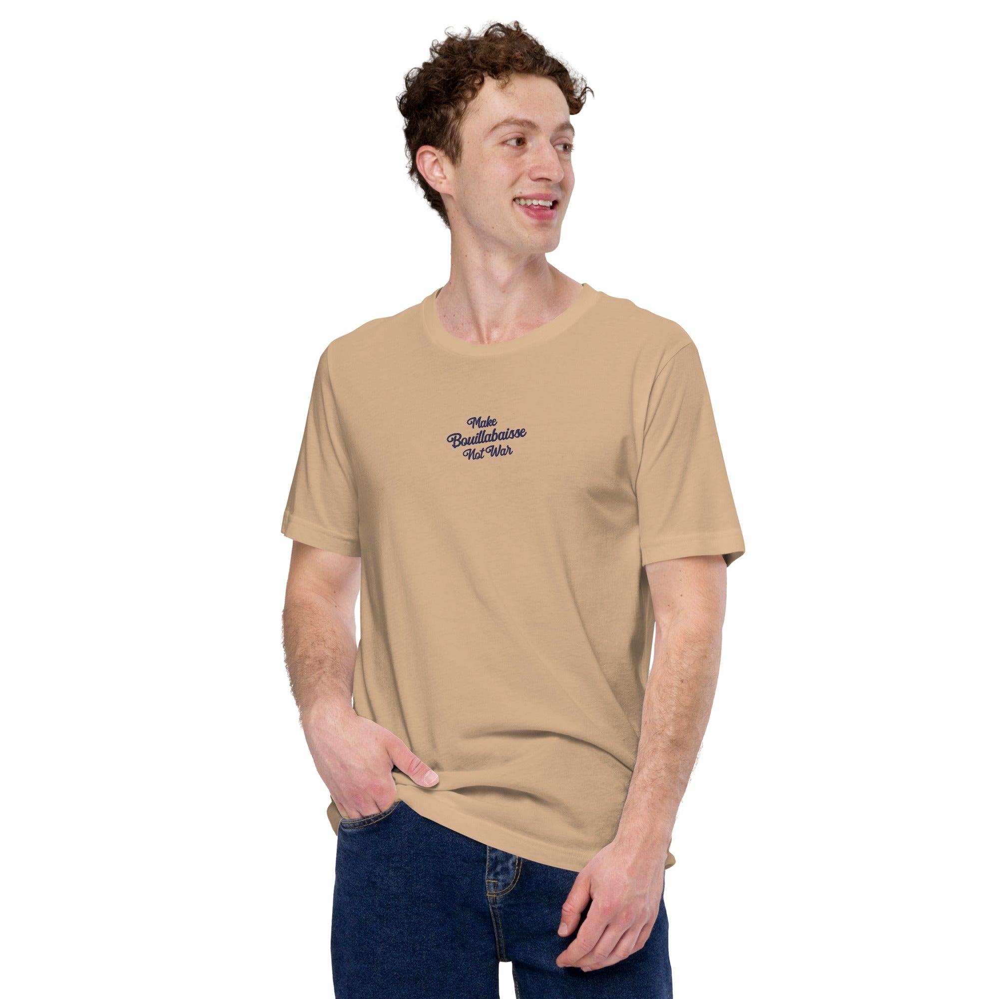 Unisex t-shirt Make Bouillabaisse Not War Text Only navy on bright colors