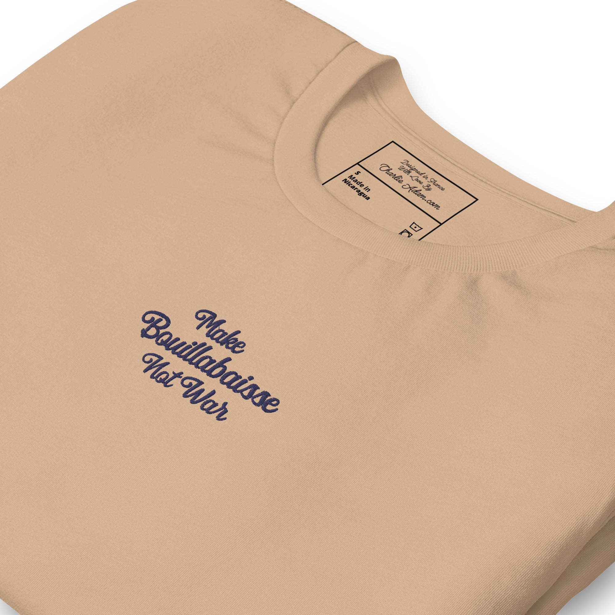 Unisex t-shirt Make Bouillabaisse Not War Text Only navy on bright colors