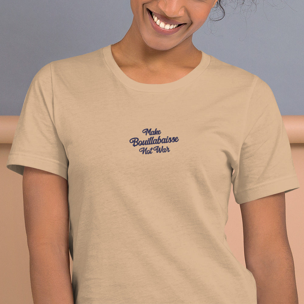 Unisex t-shirt Make Bouillabaisse Not War Text Only navy on bright colors