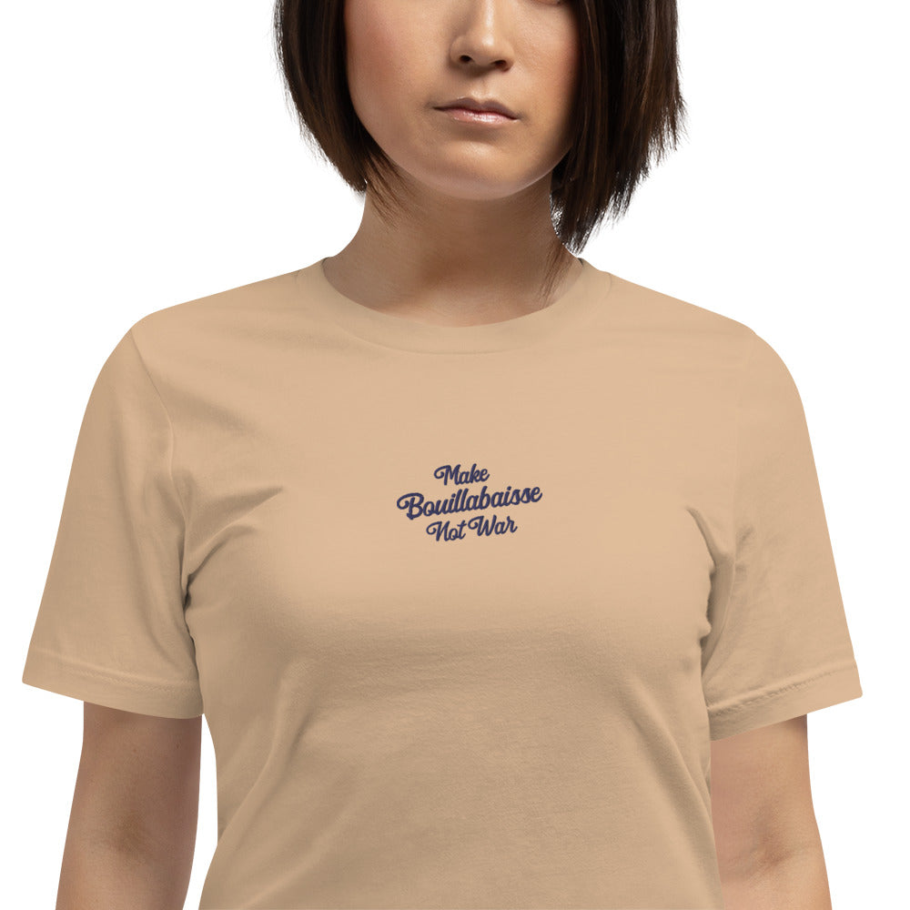Unisex t-shirt Make Bouillabaisse Not War Text Only navy on bright colors