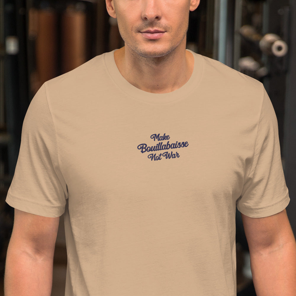 Unisex t-shirt Make Bouillabaisse Not War Text Only navy on bright colors