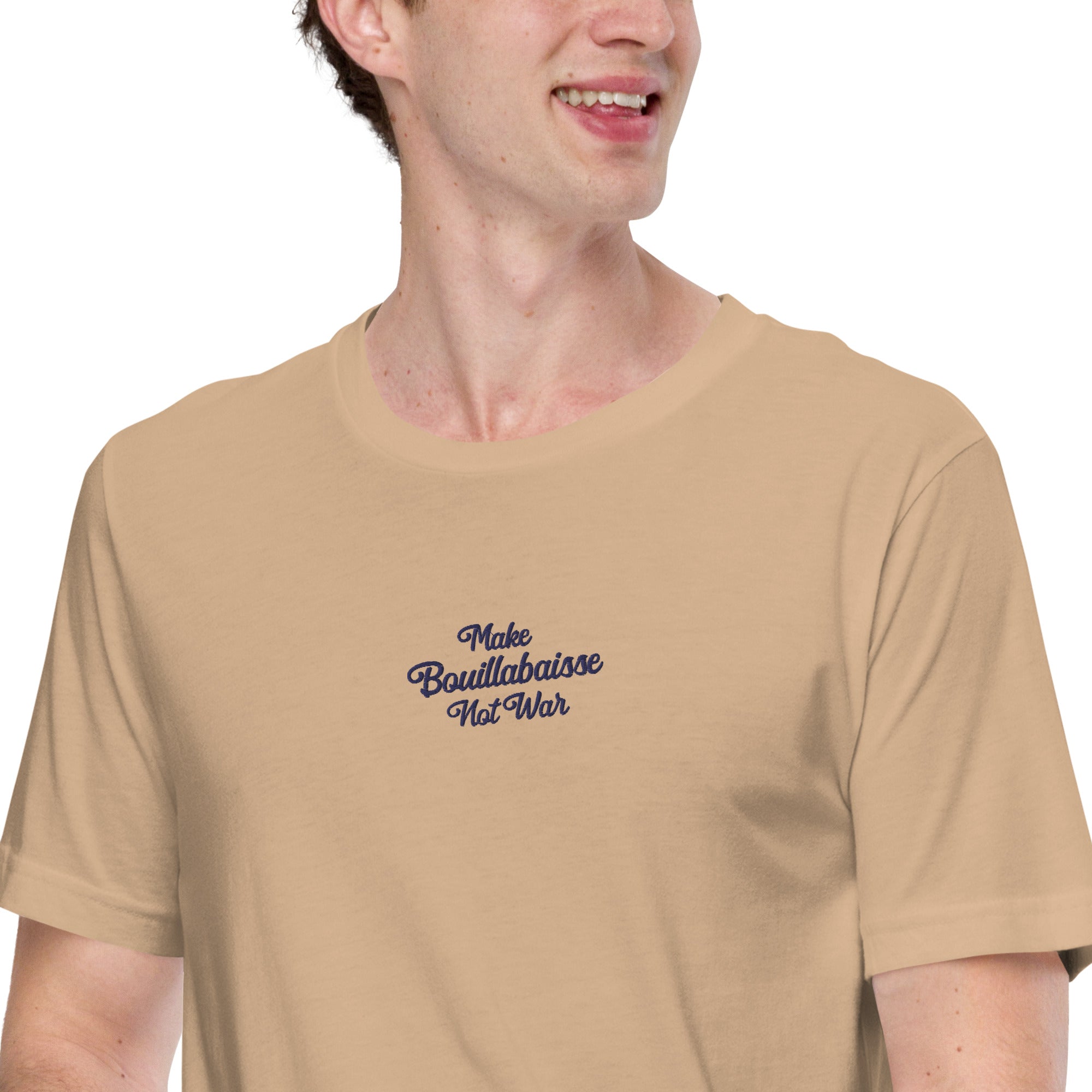 Unisex t-shirt Make Bouillabaisse Not War Text Only navy on bright colors