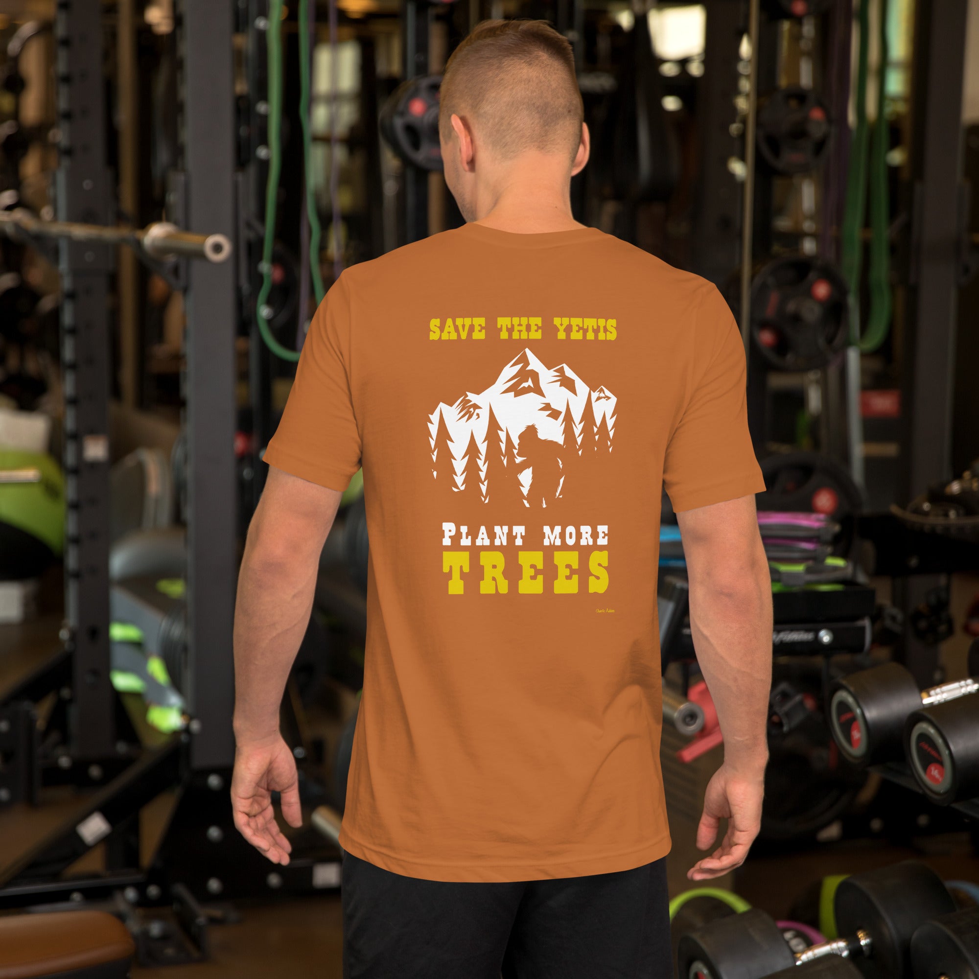 Unisex cotton t-shirt Save the Yetis Plant more Trees on bright colors (front & back)