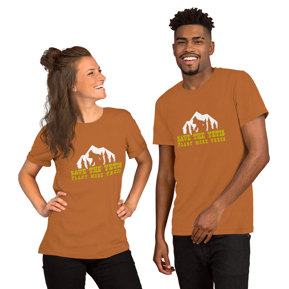 Unisex cotton t-shirt Save the Yetis Plant more Trees on bright colors (front & back)