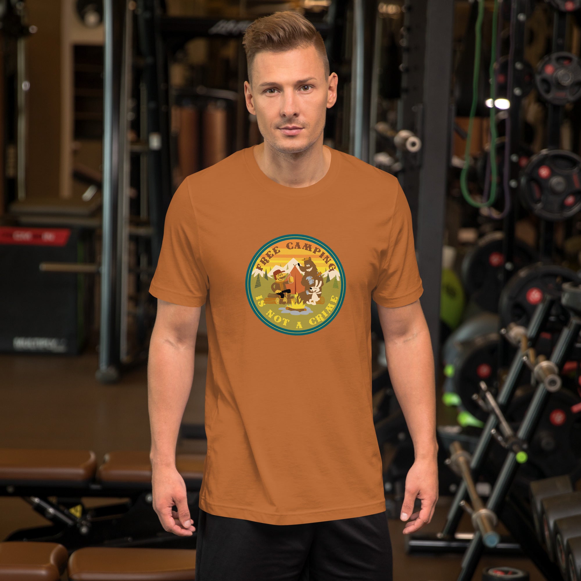 Unisex cotton t-shirt Free Camping is not a Crime on bright colors