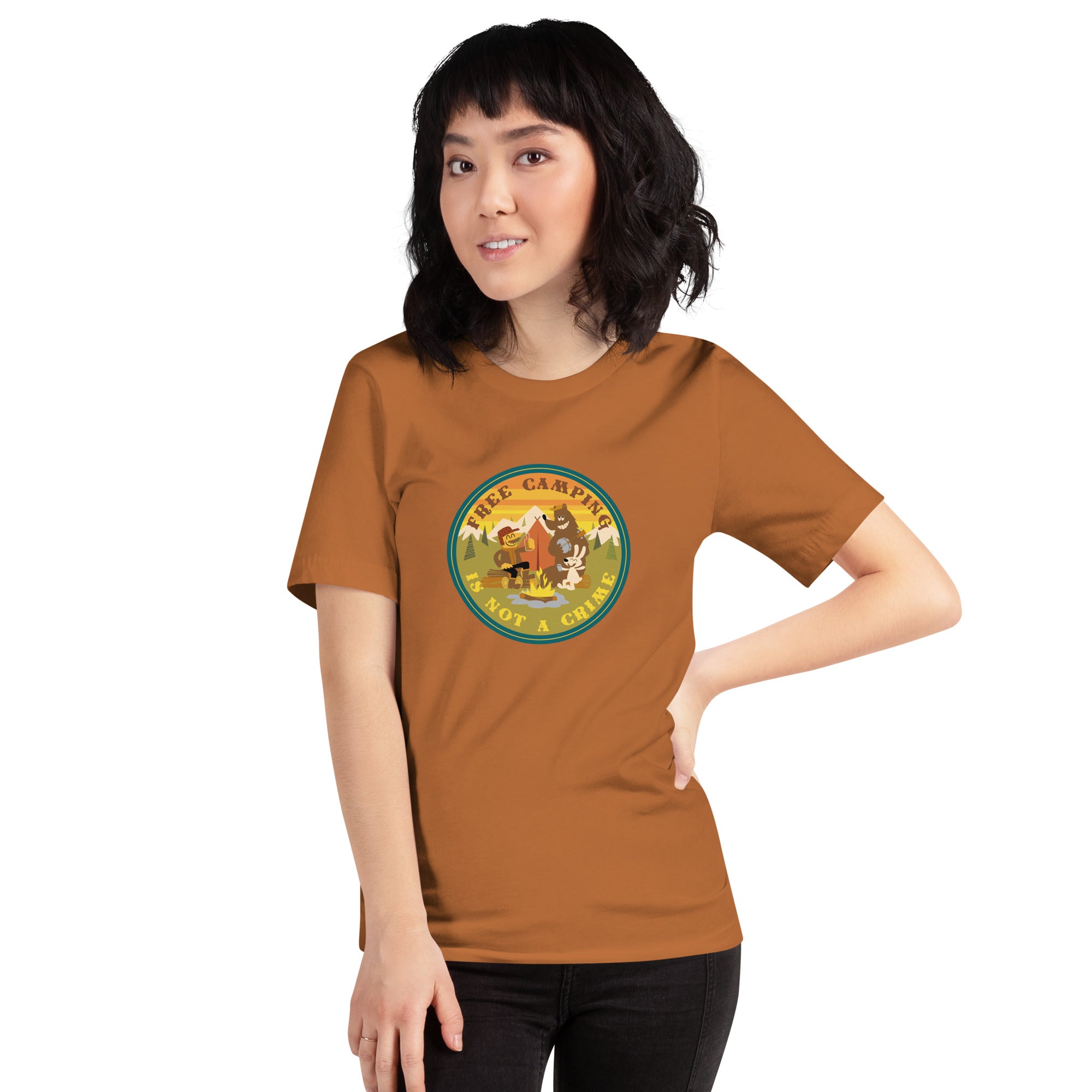 Unisex cotton t-shirt Free Camping is not a Crime on bright colors