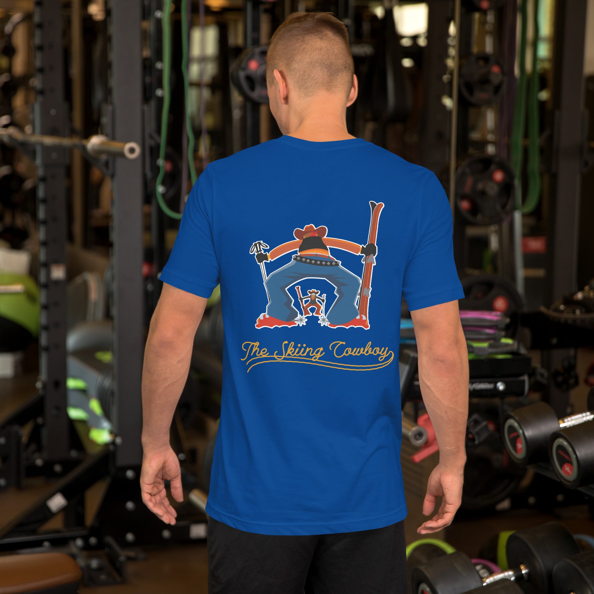 T-shirt en coton unisexe Skiing Cowboy (face) & Ski Fight at OK Corral Outline (dos) sur couleurs foncées