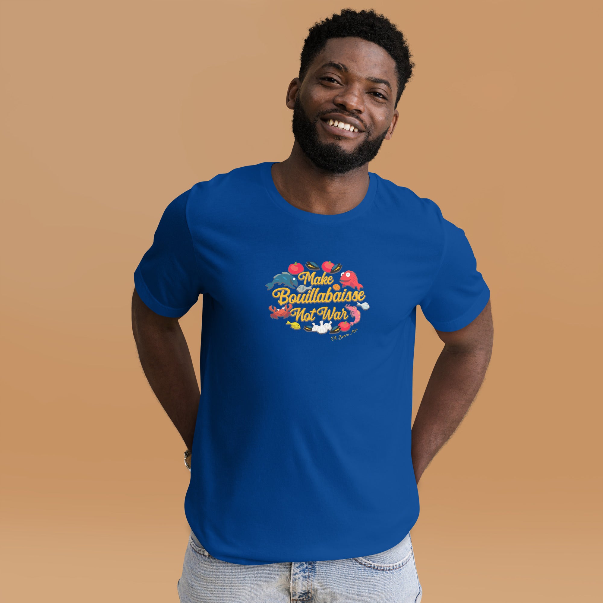T-shirt en coton unisexe Make Bouillabaisse Not War sur couleurs foncées