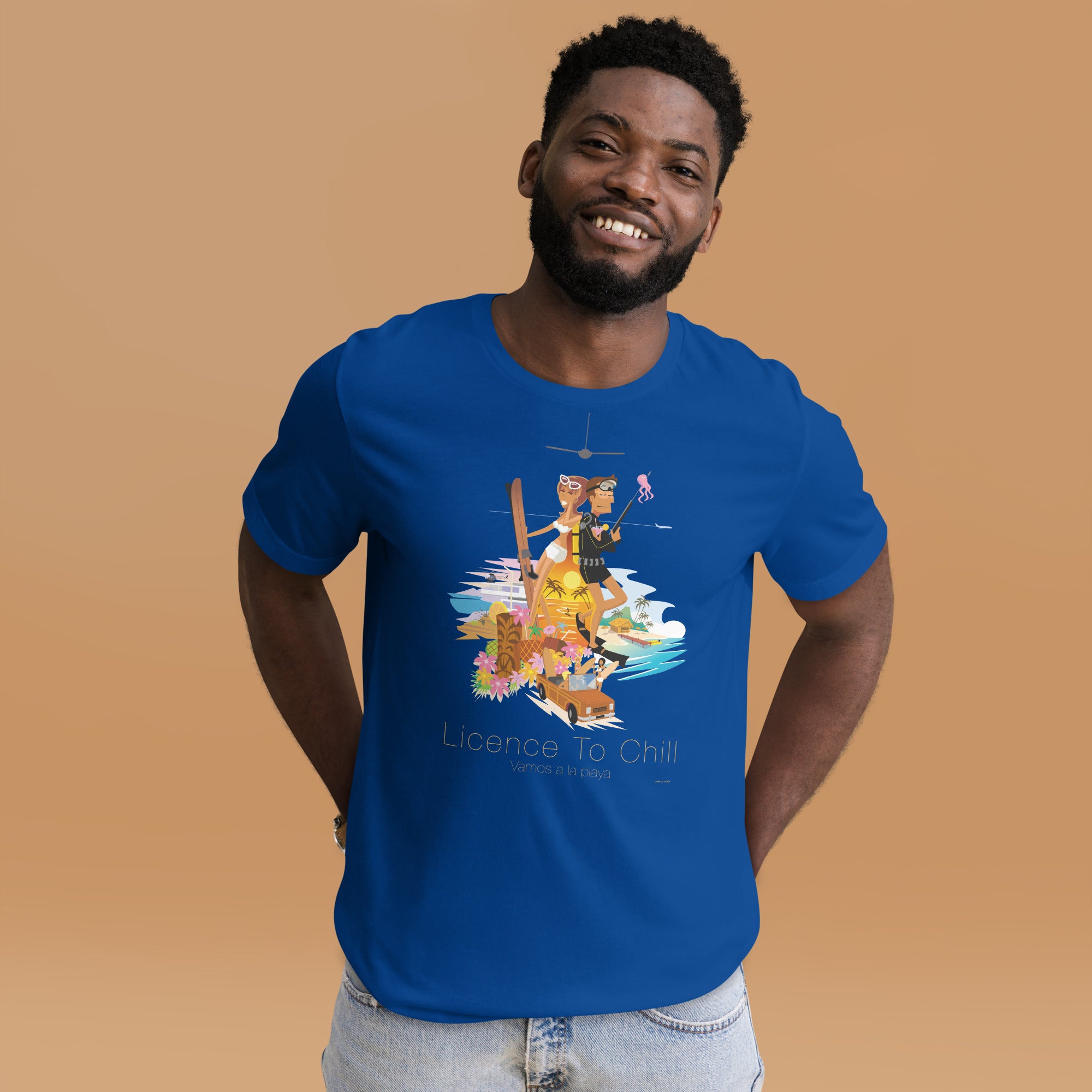 Unisex cotton t-shirt License to Chill Vamos a la Playa on dark colors