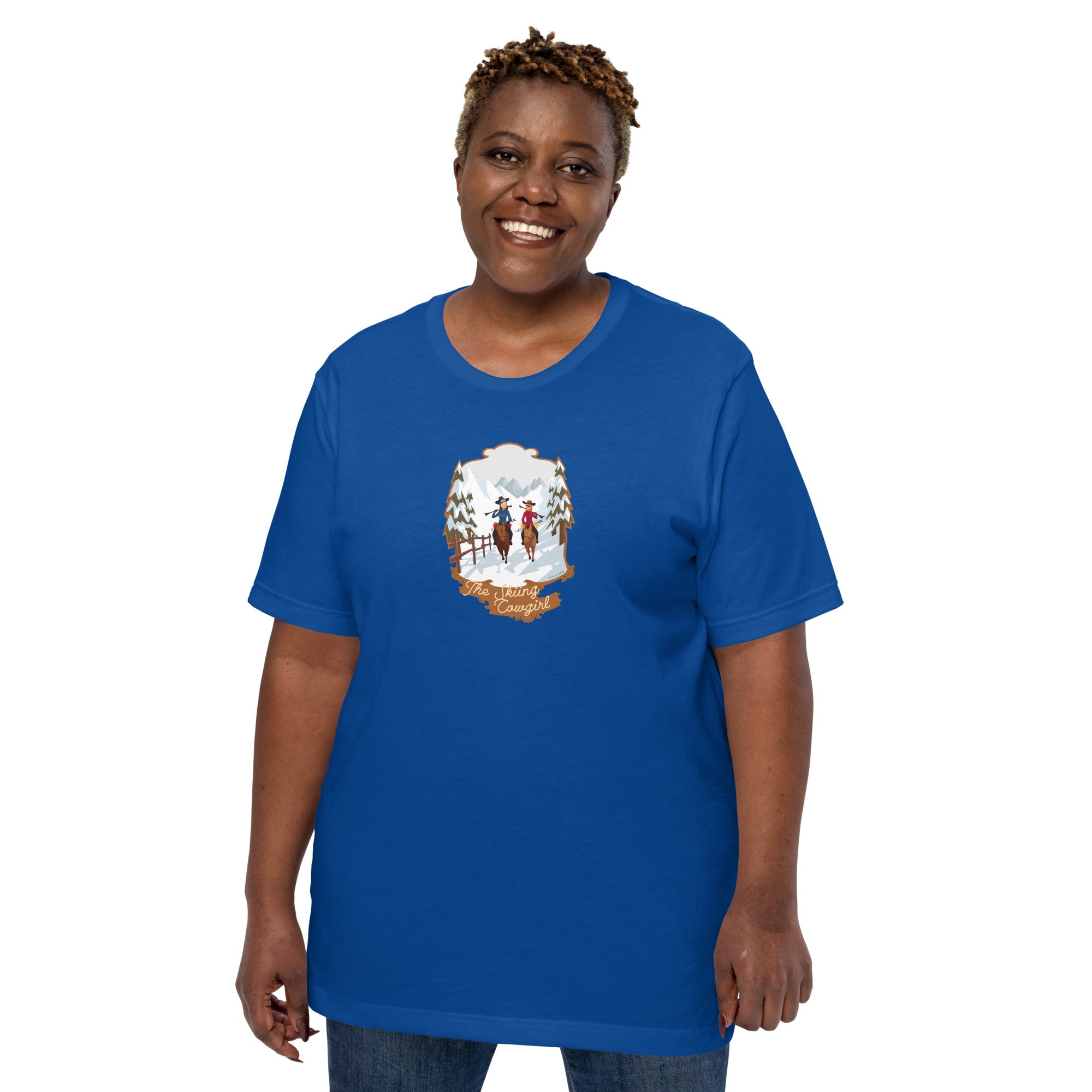 T-shirt en coton unisexe The Skiing Cowgirl sur couleurs foncées