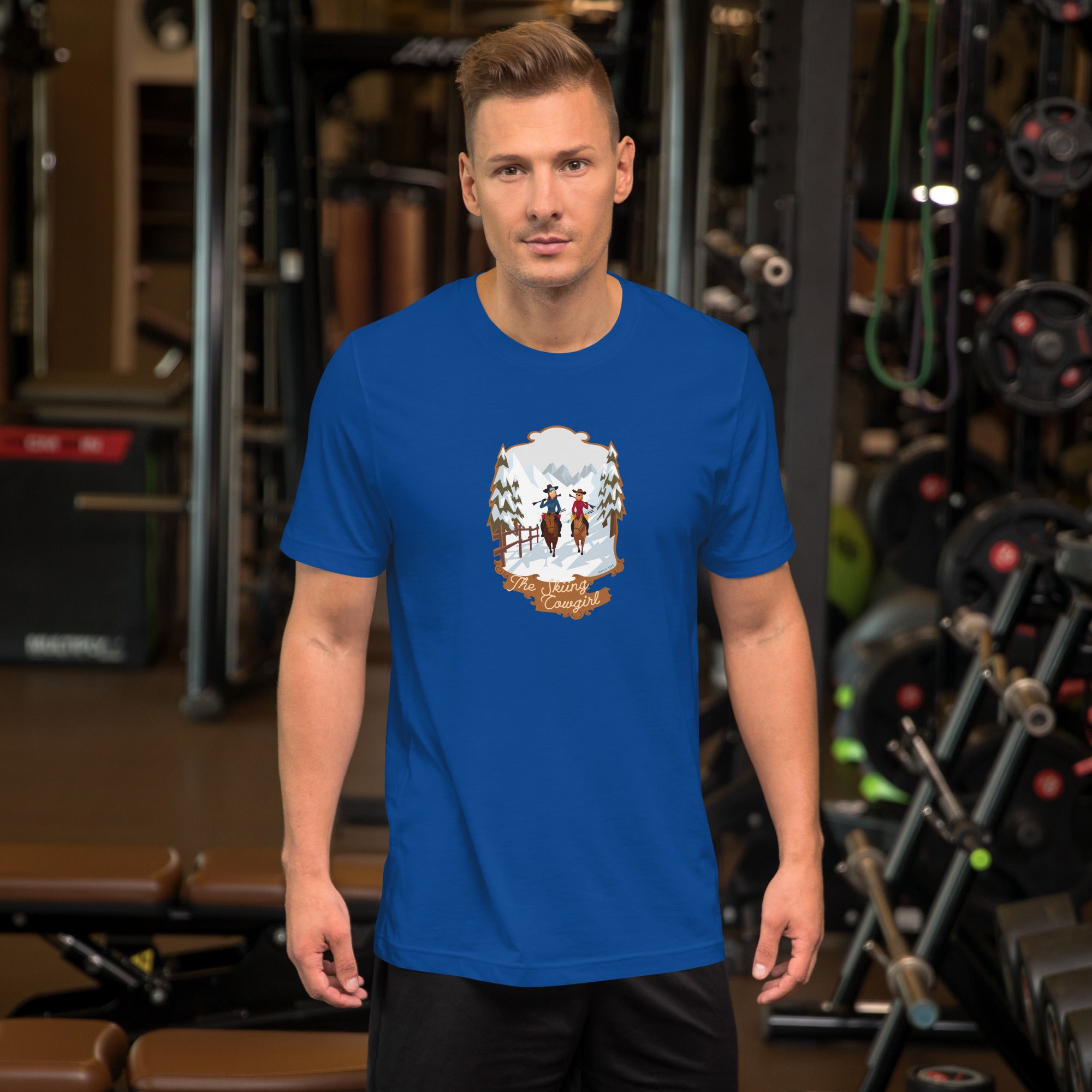 T-shirt en coton unisexe The Skiing Cowgirl sur couleurs foncées
