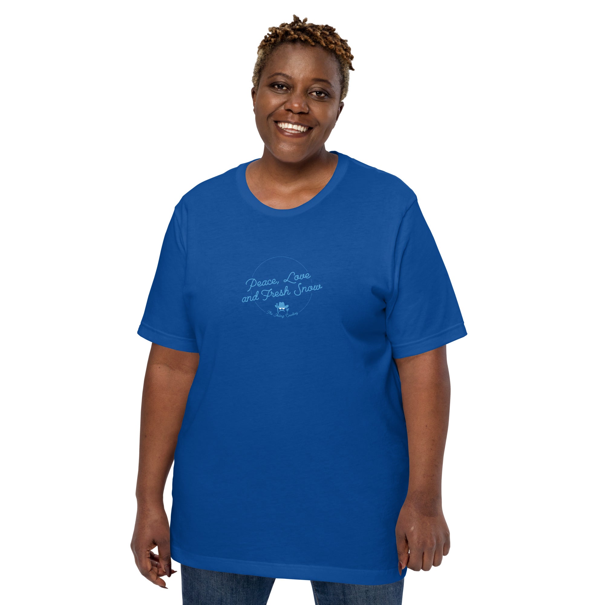 T-shirt en coton unisexe Peace, Love and Fresh Snow sur couleurs foncées