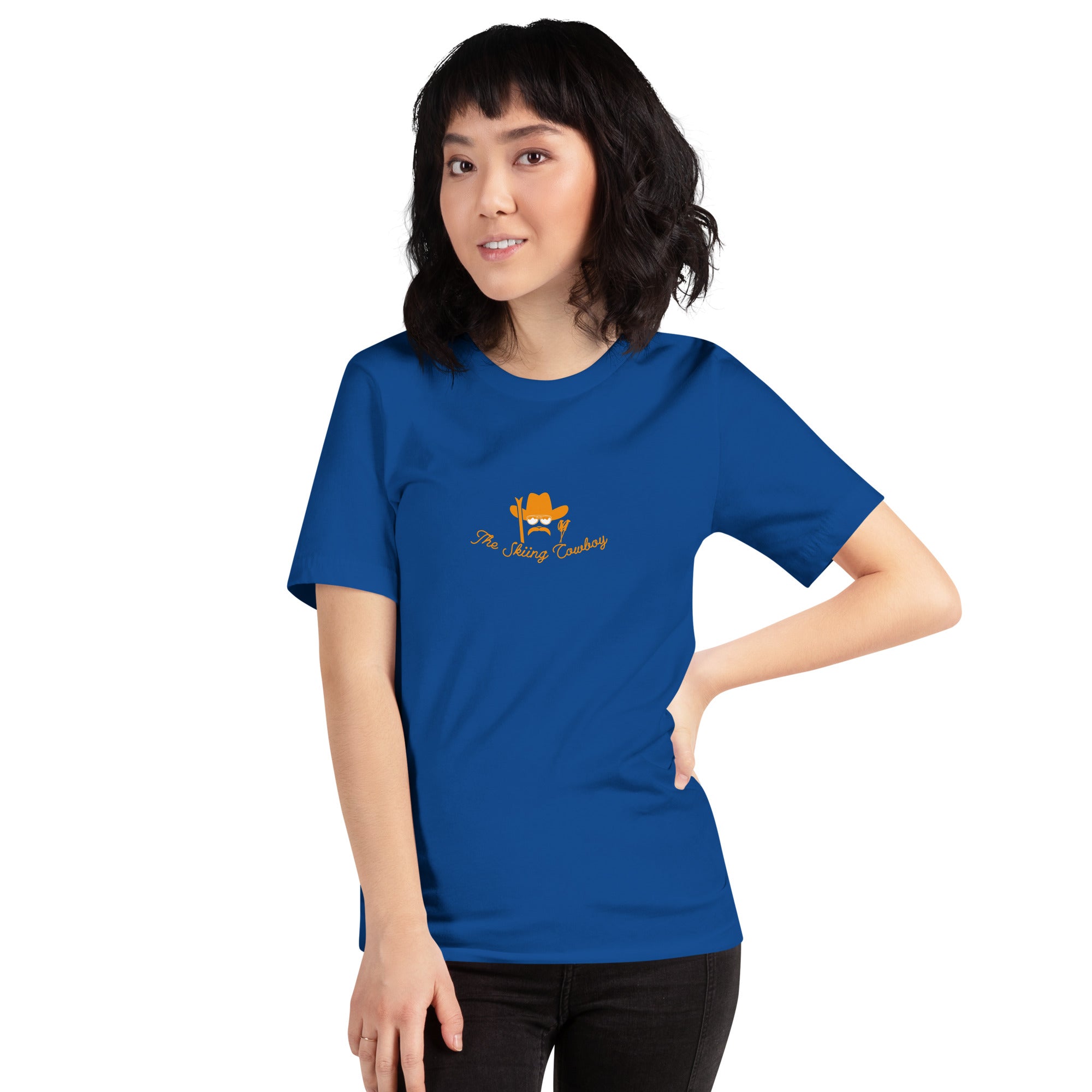 T-shirt en coton unisexe Skiing Cowboy (face) & Ski Fight at OK Corral Outline (dos) sur couleurs foncées