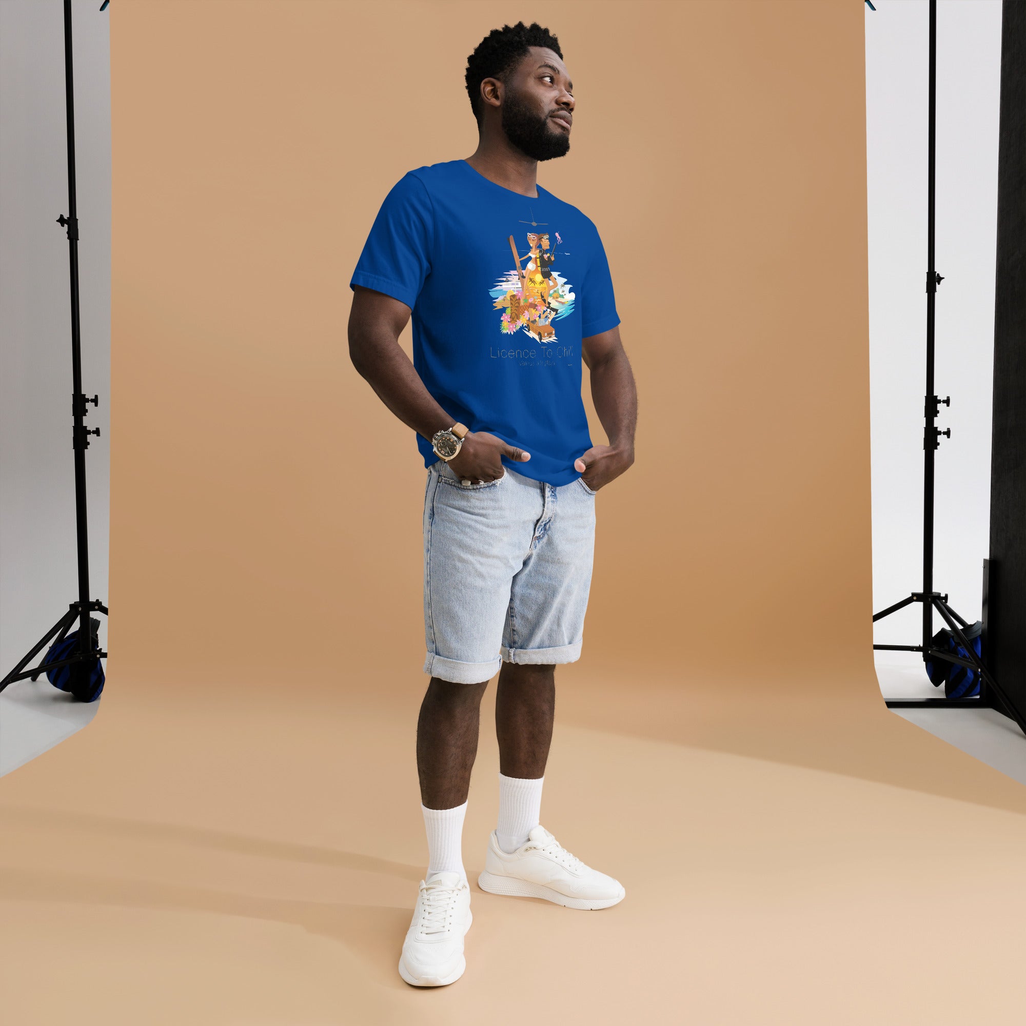 Unisex cotton t-shirt License to Chill Vamos a la Playa on dark colors