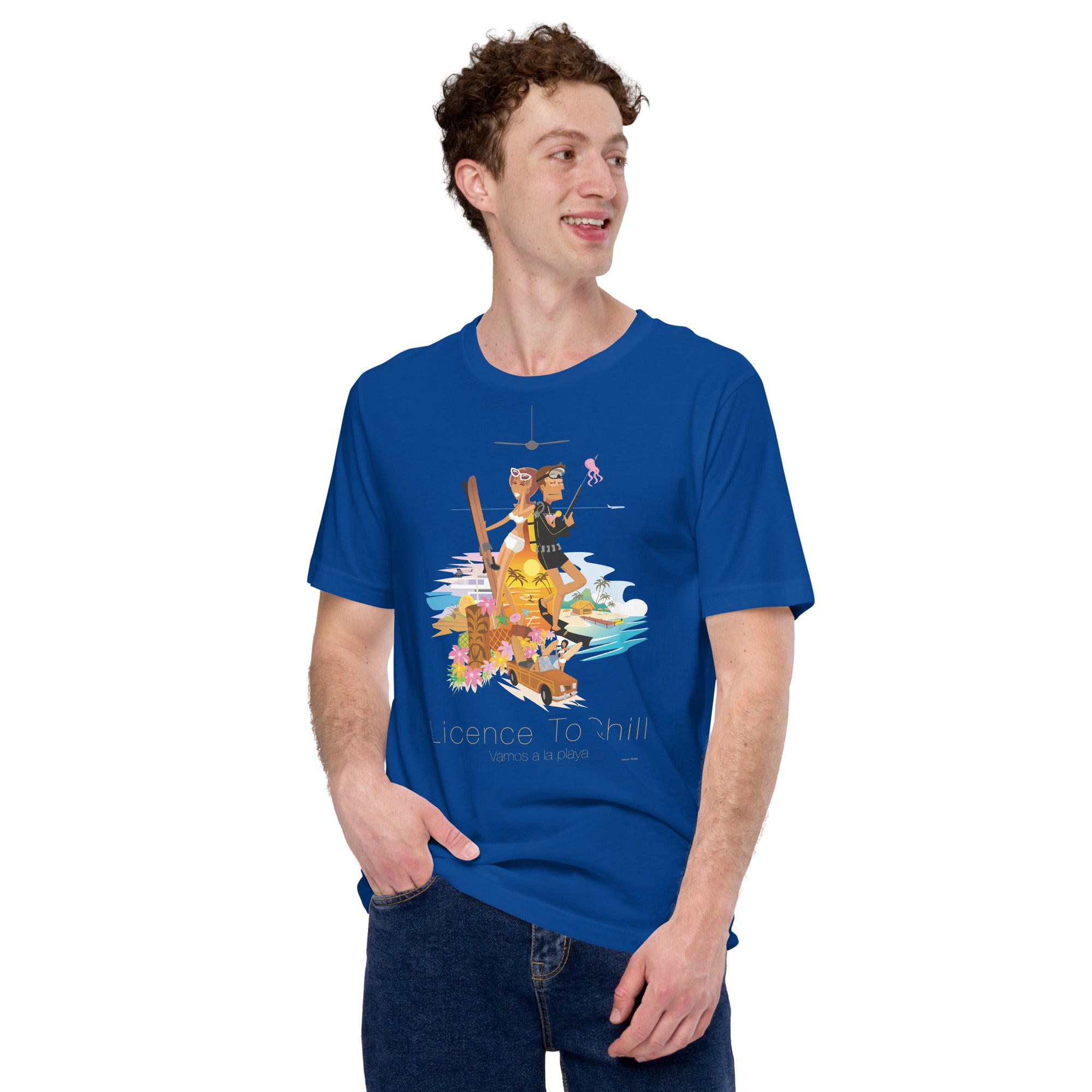 Unisex cotton t-shirt License to Chill Vamos a la Playa on dark colors