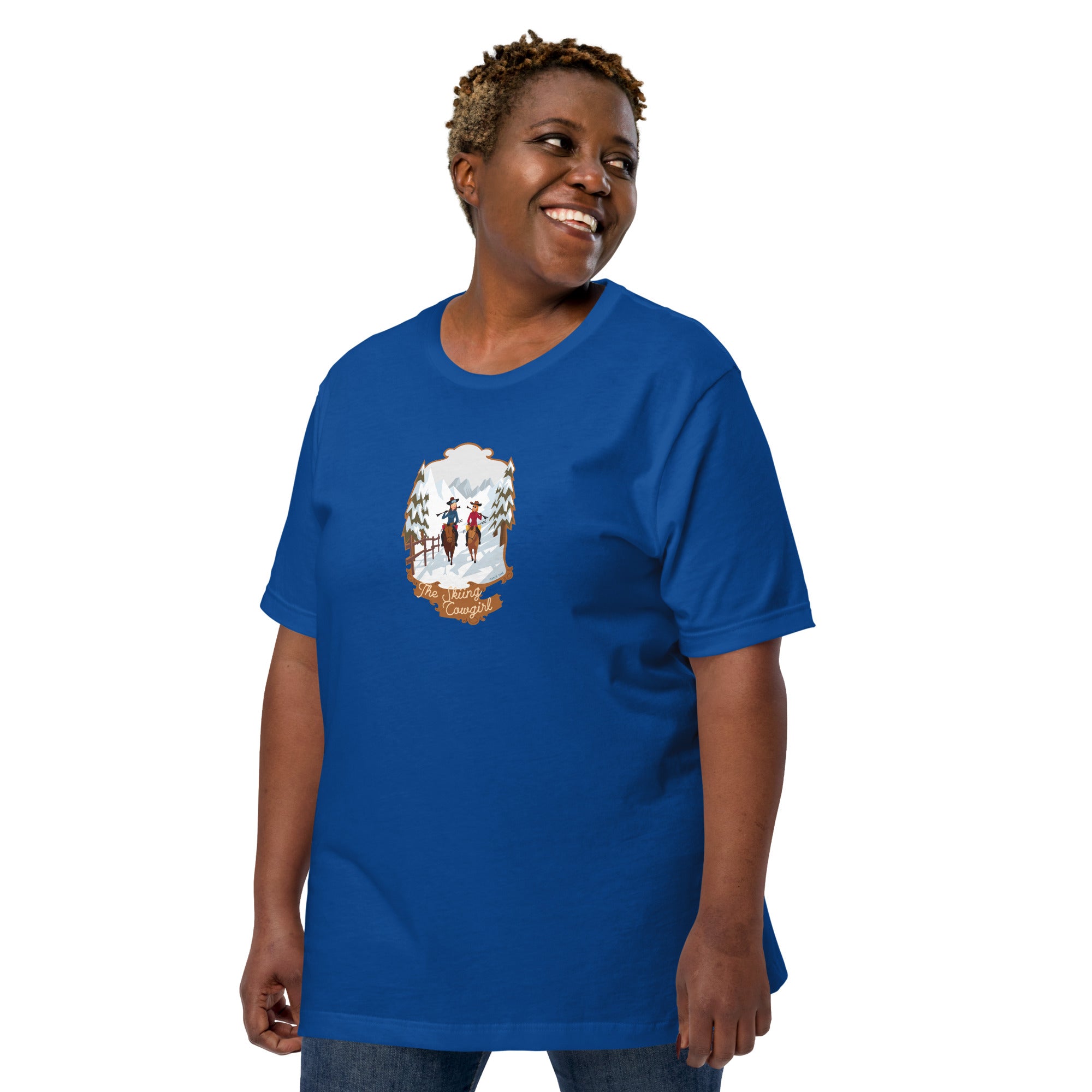 T-shirt en coton unisexe The Skiing Cowgirl sur couleurs foncées