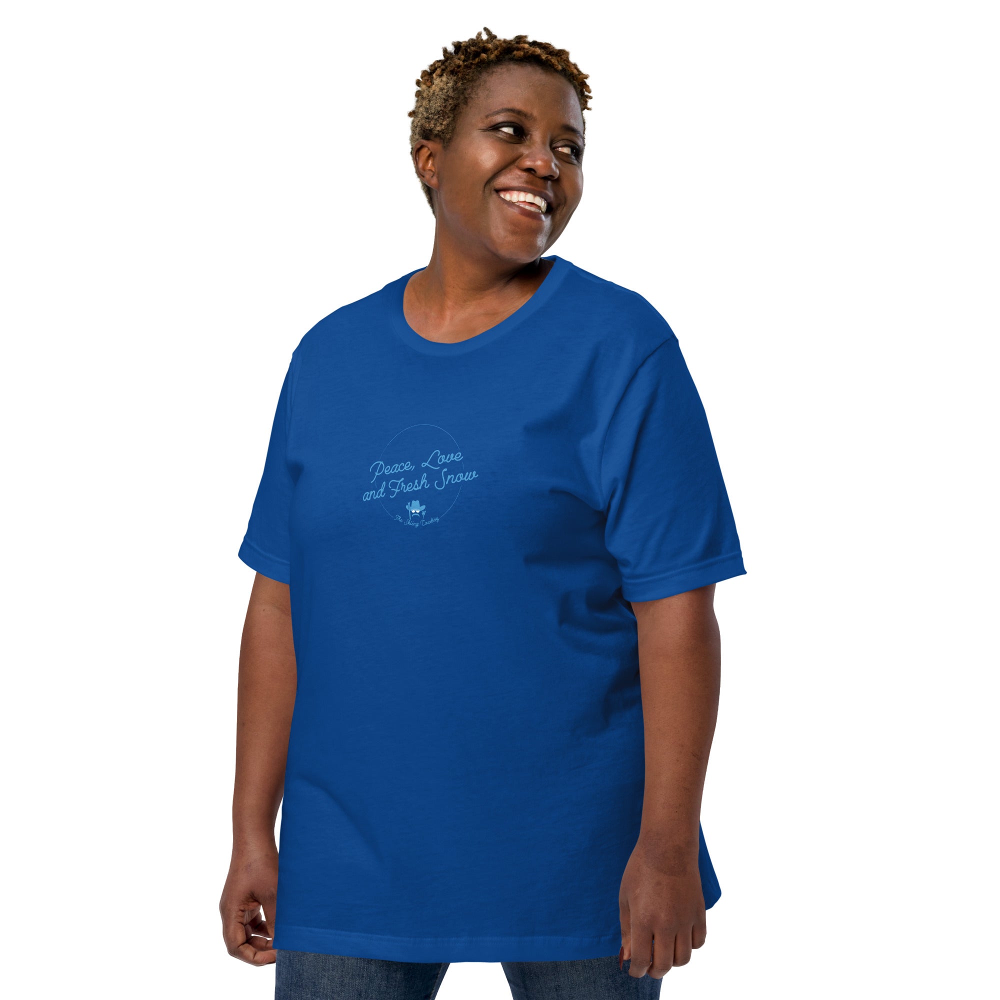 T-shirt en coton unisexe Peace, Love and Fresh Snow sur couleurs foncées