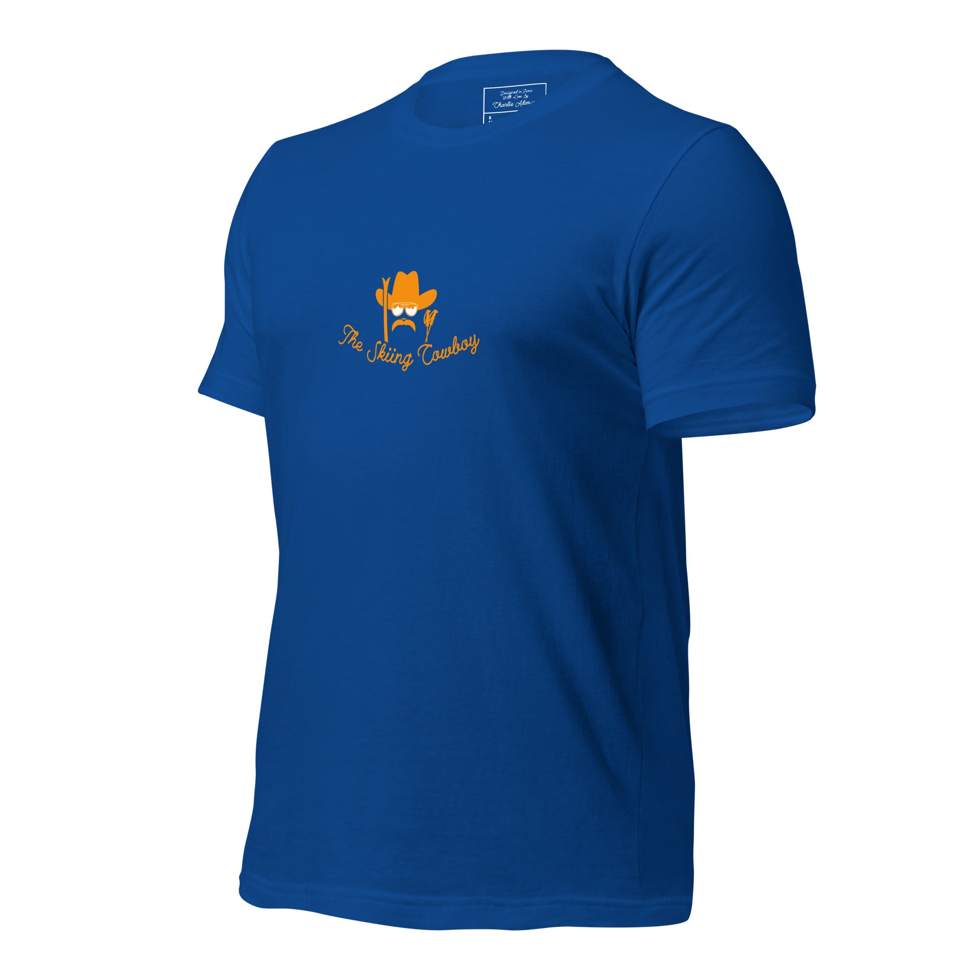 T-shirt en coton unisexe Skiing Cowboy (face) & Ski Fight at OK Corral Outline (dos) sur couleurs foncées