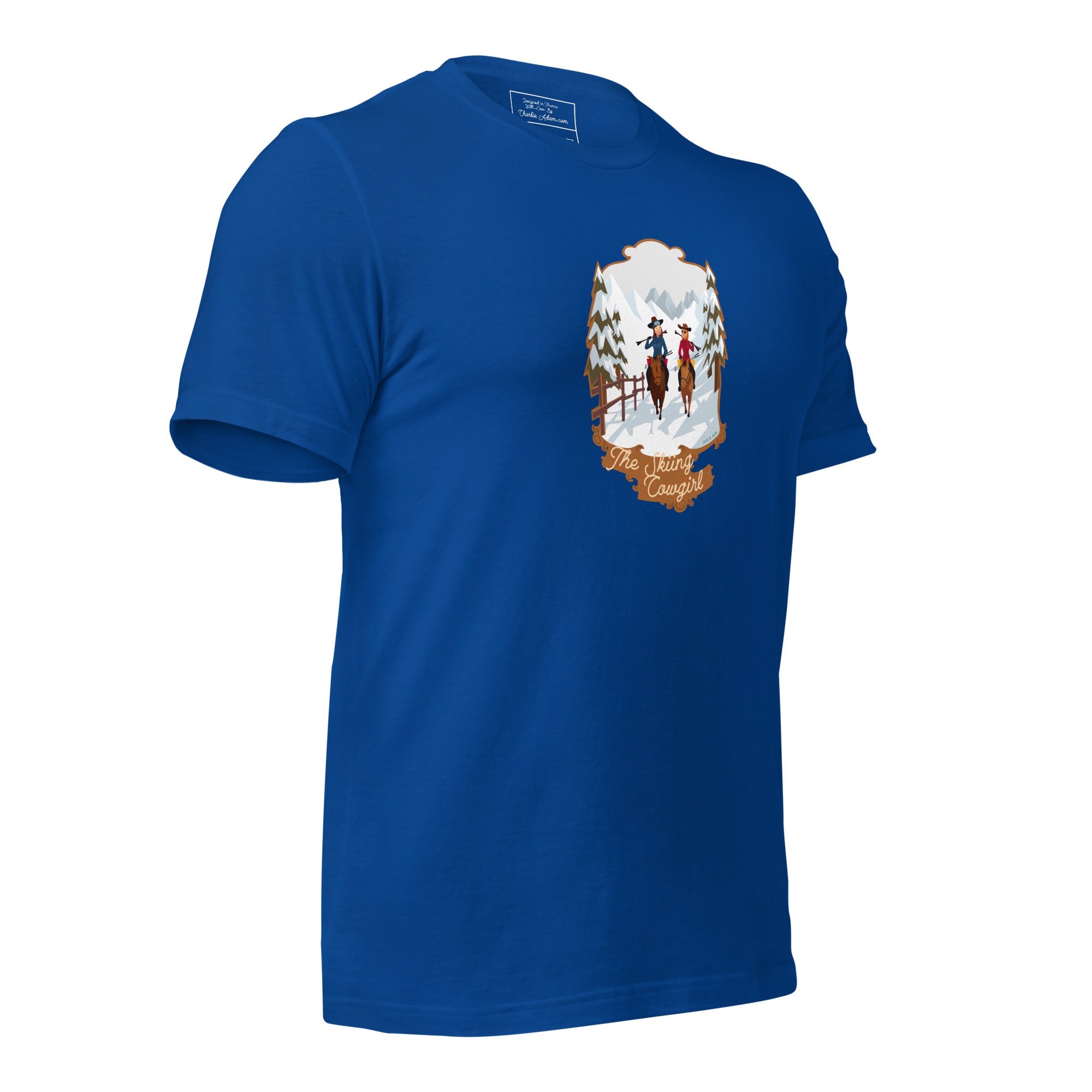 T-shirt en coton unisexe The Skiing Cowgirl sur couleurs foncées