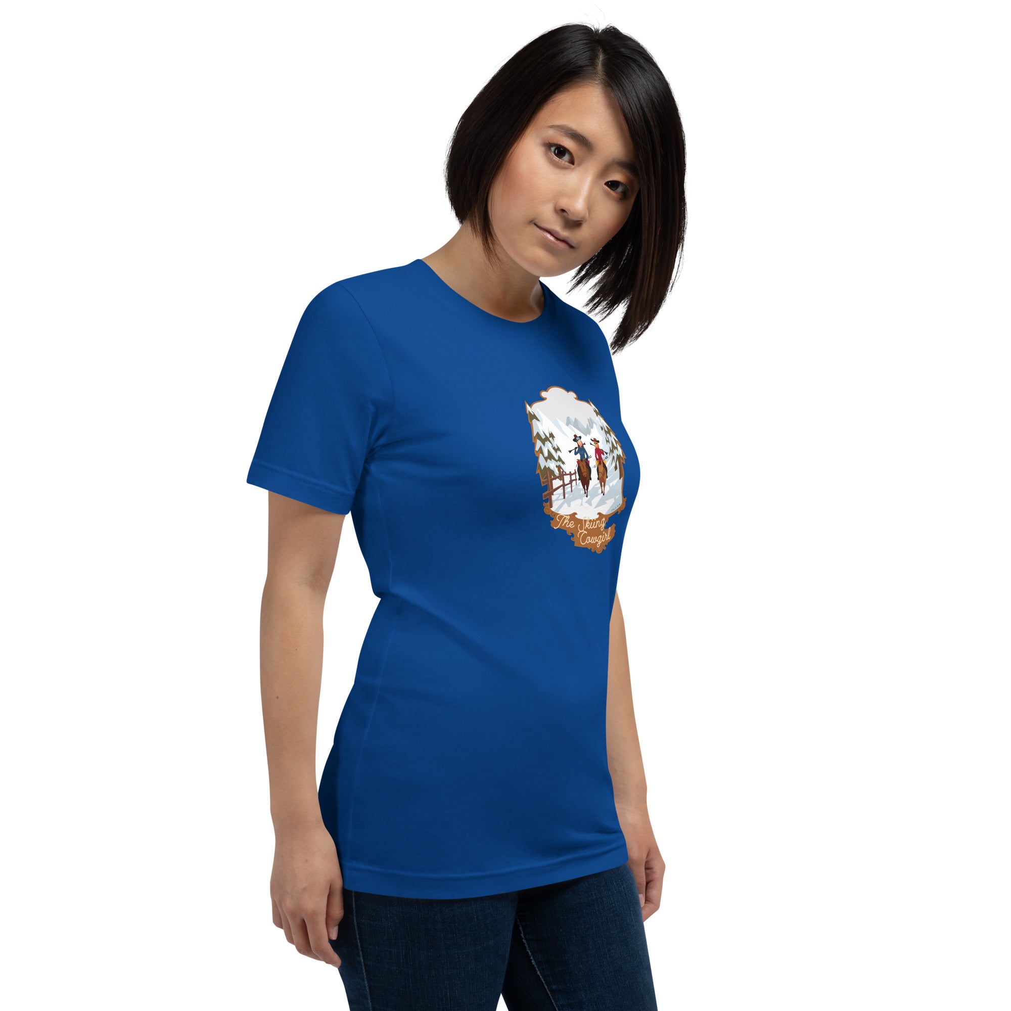 T-shirt en coton unisexe The Skiing Cowgirl sur couleurs foncées