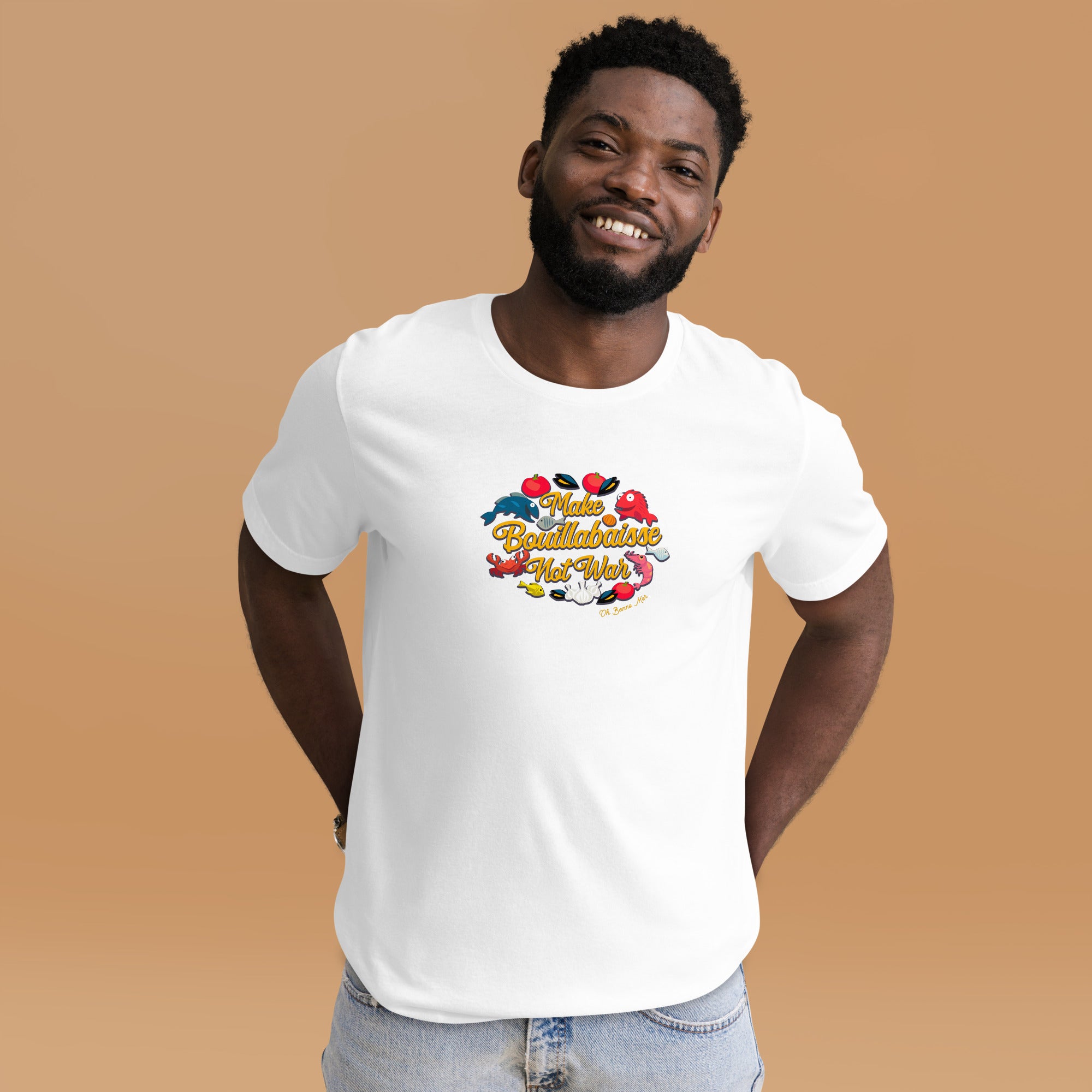 T-shirt en coton unisexe Make Bouillabaisse Not War sur couleurs claires