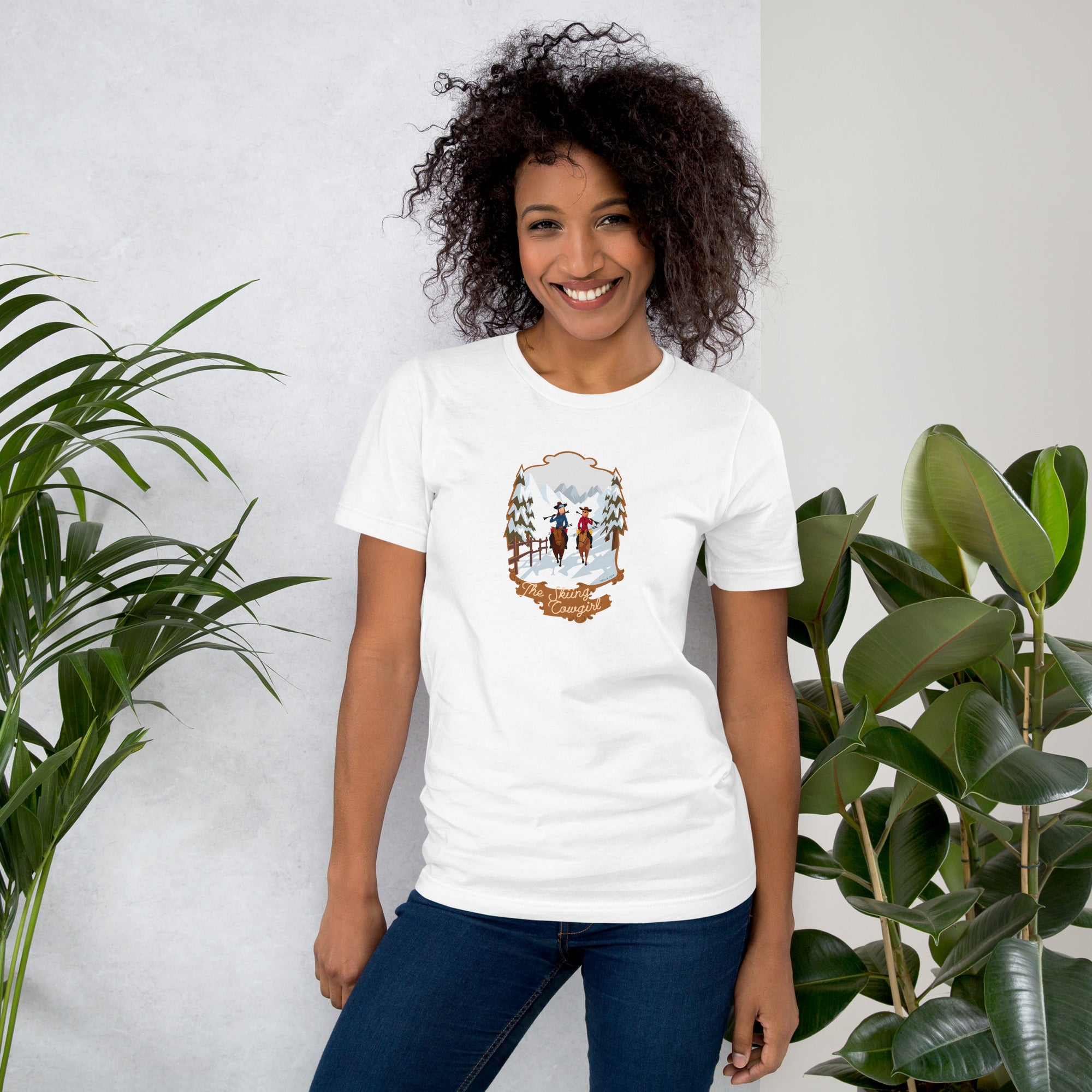 T-shirt en coton unisexe The Skiing Cowgirl sur fond clair