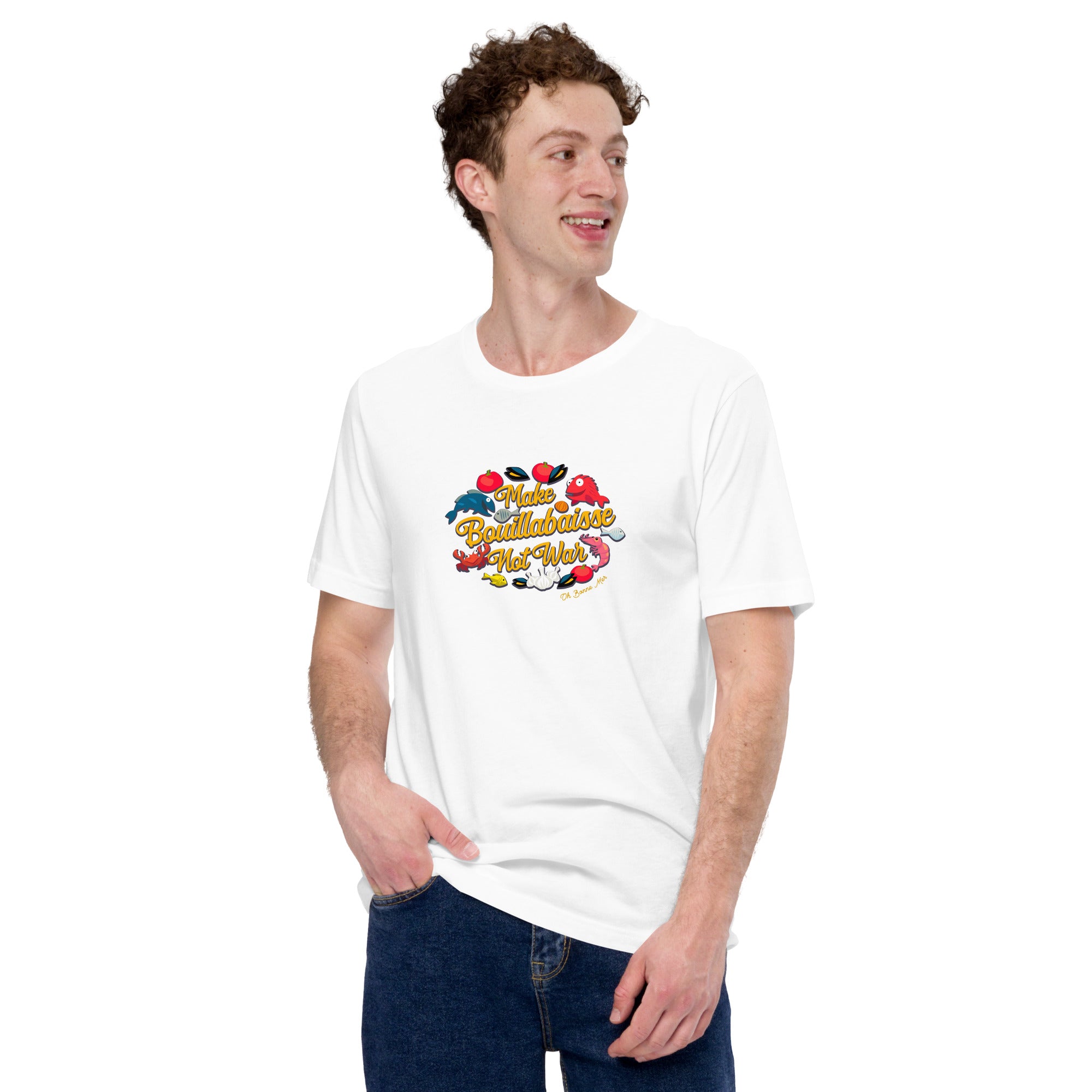 T-shirt en coton unisexe Make Bouillabaisse Not War sur couleurs claires