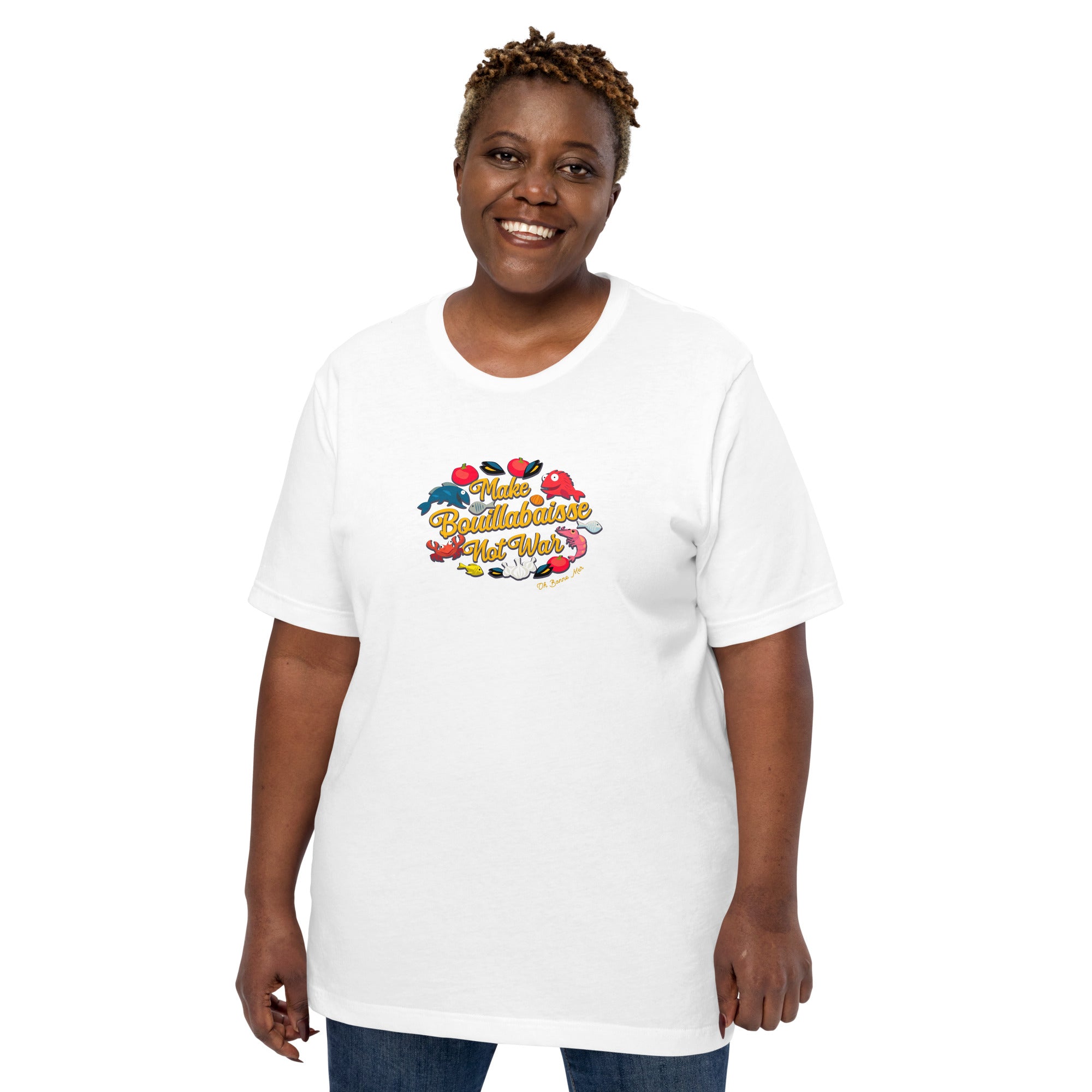 T-shirt en coton unisexe Make Bouillabaisse Not War sur couleurs claires