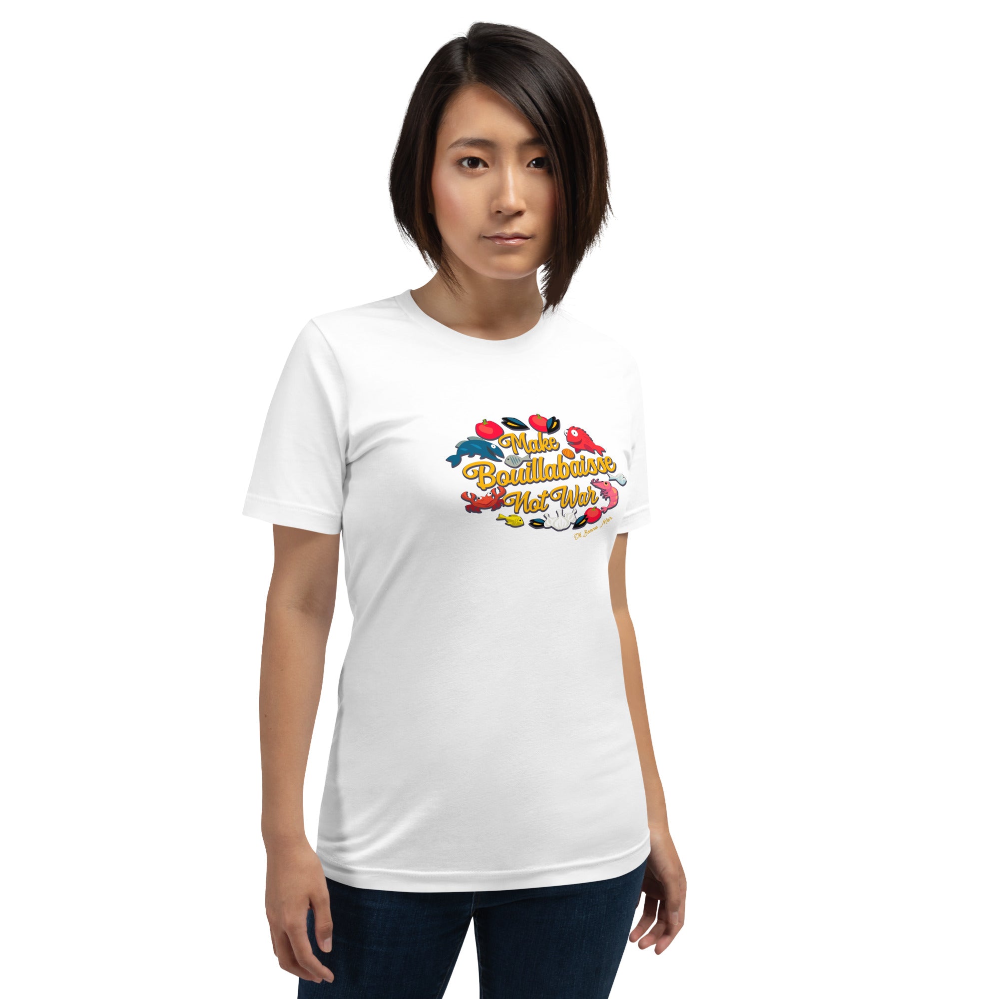 T-shirt en coton unisexe Make Bouillabaisse Not War sur couleurs claires