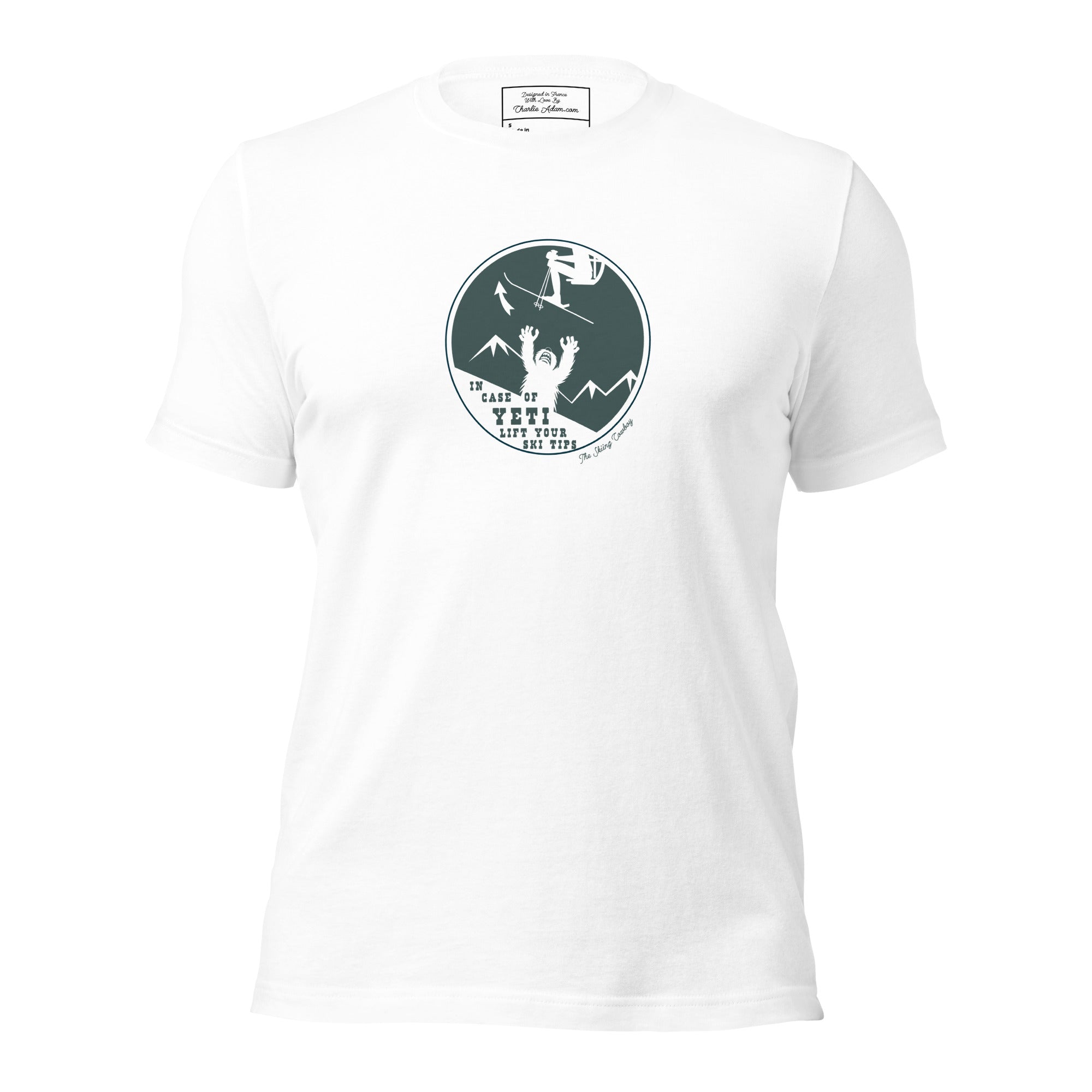 T-shirt en coton unisexe In case of Yeti, lift your ski tips sur couleurs claires