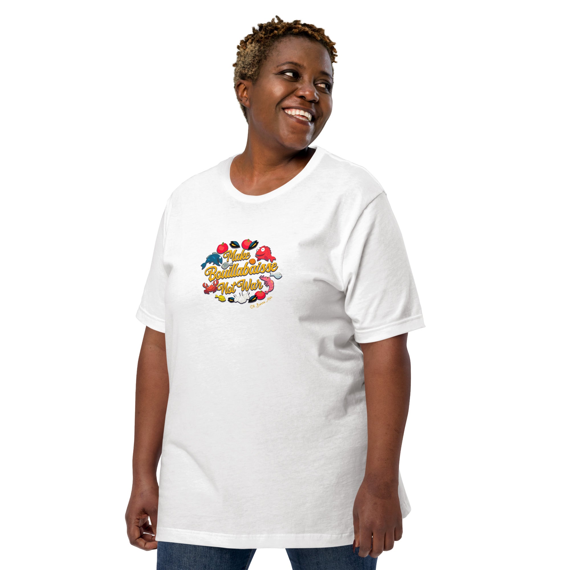 T-shirt en coton unisexe Make Bouillabaisse Not War sur couleurs claires