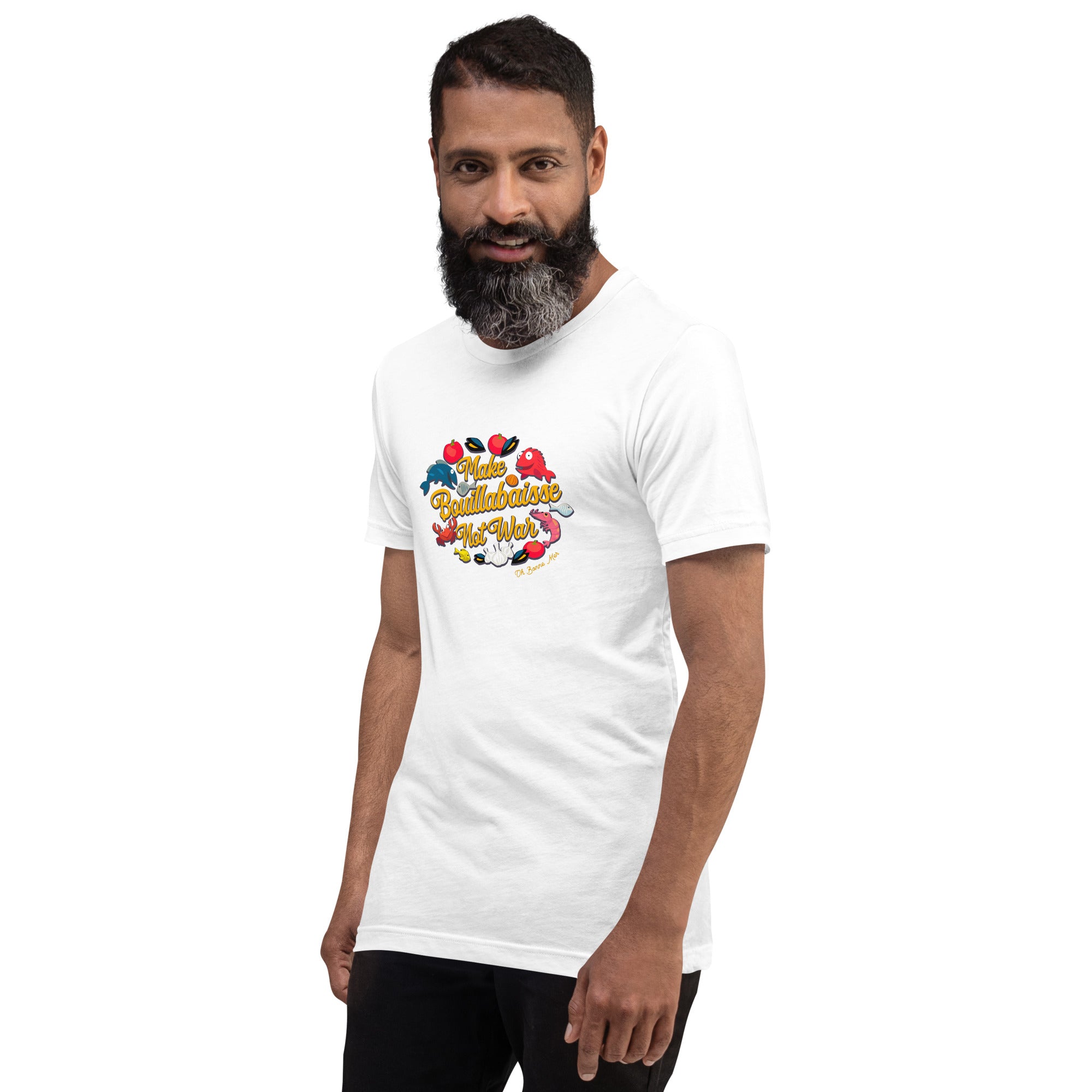T-shirt en coton unisexe Make Bouillabaisse Not War sur couleurs claires