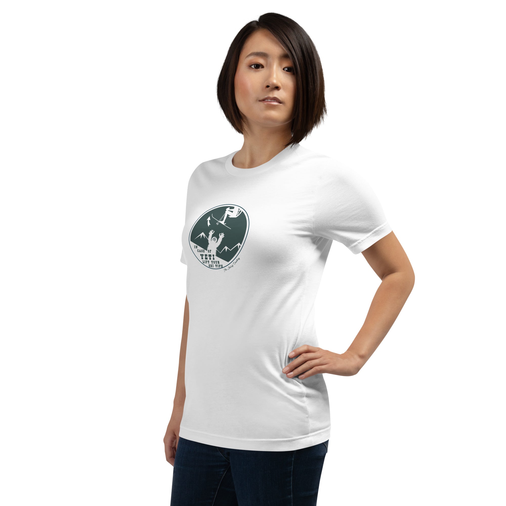 T-shirt en coton unisexe In case of Yeti, lift your ski tips sur couleurs claires