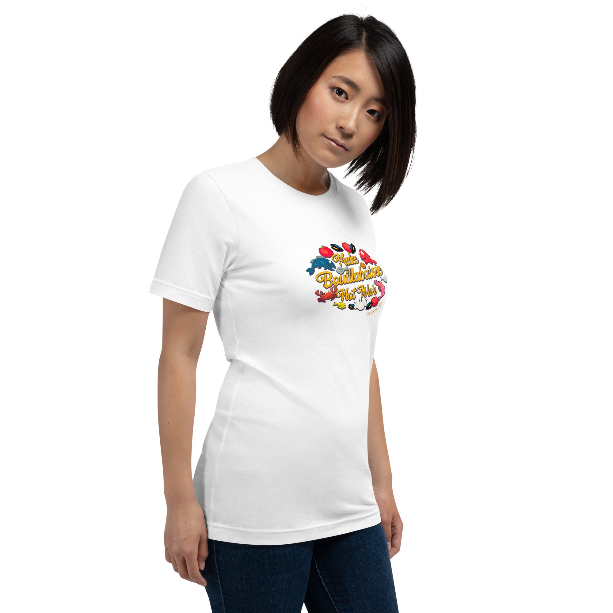 T-shirt en coton unisexe Make Bouillabaisse Not War sur couleurs claires