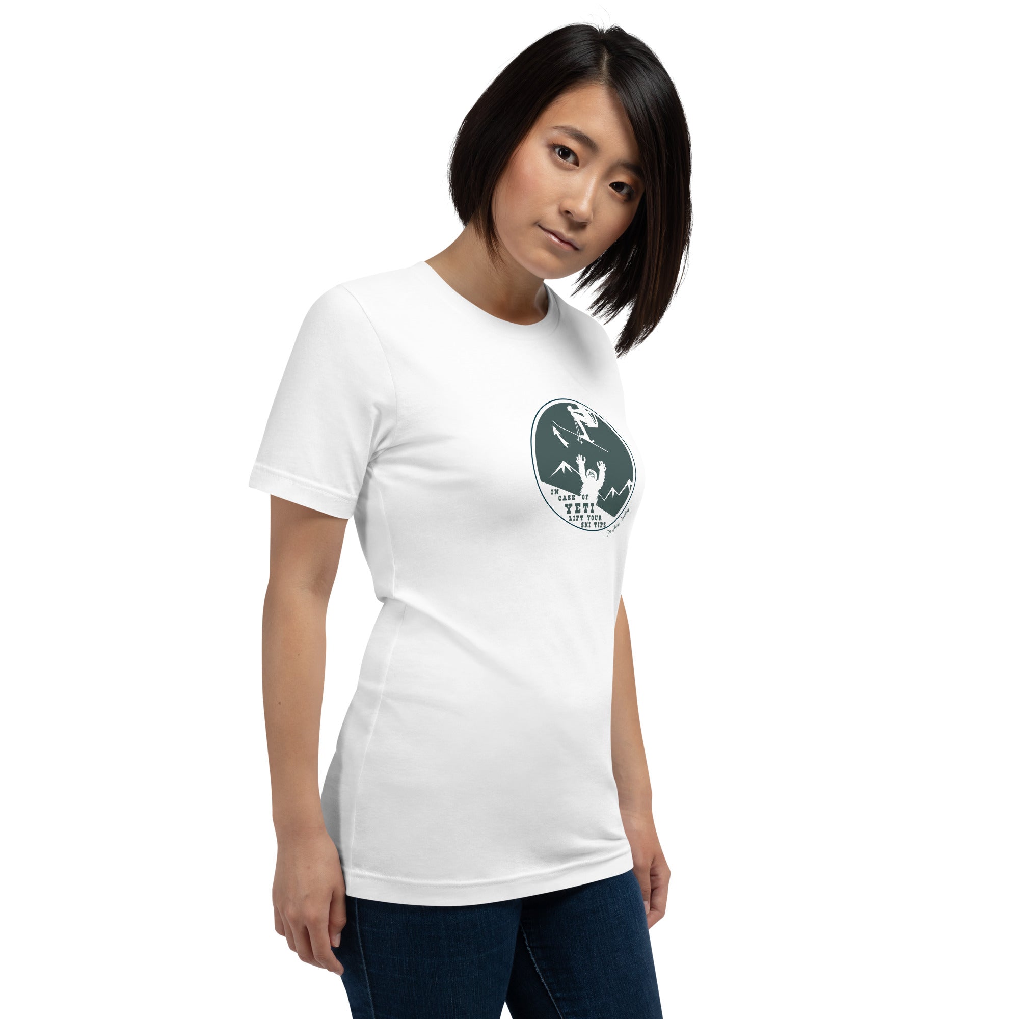 T-shirt en coton unisexe In case of Yeti, lift your ski tips sur couleurs claires
